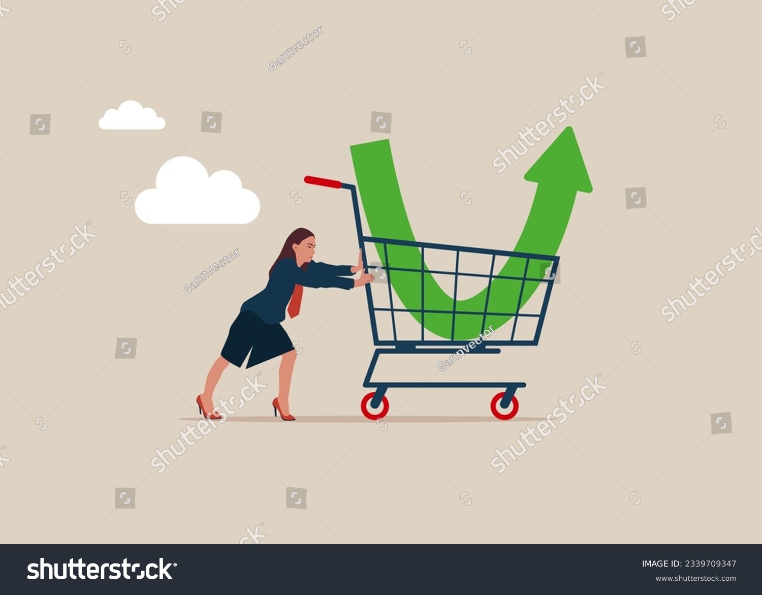 SVG of Woman investor buy stock with down arrow graph in shopping cart. Purchase stock when price drop. Make profit from market collapse. Vector illustration. svg