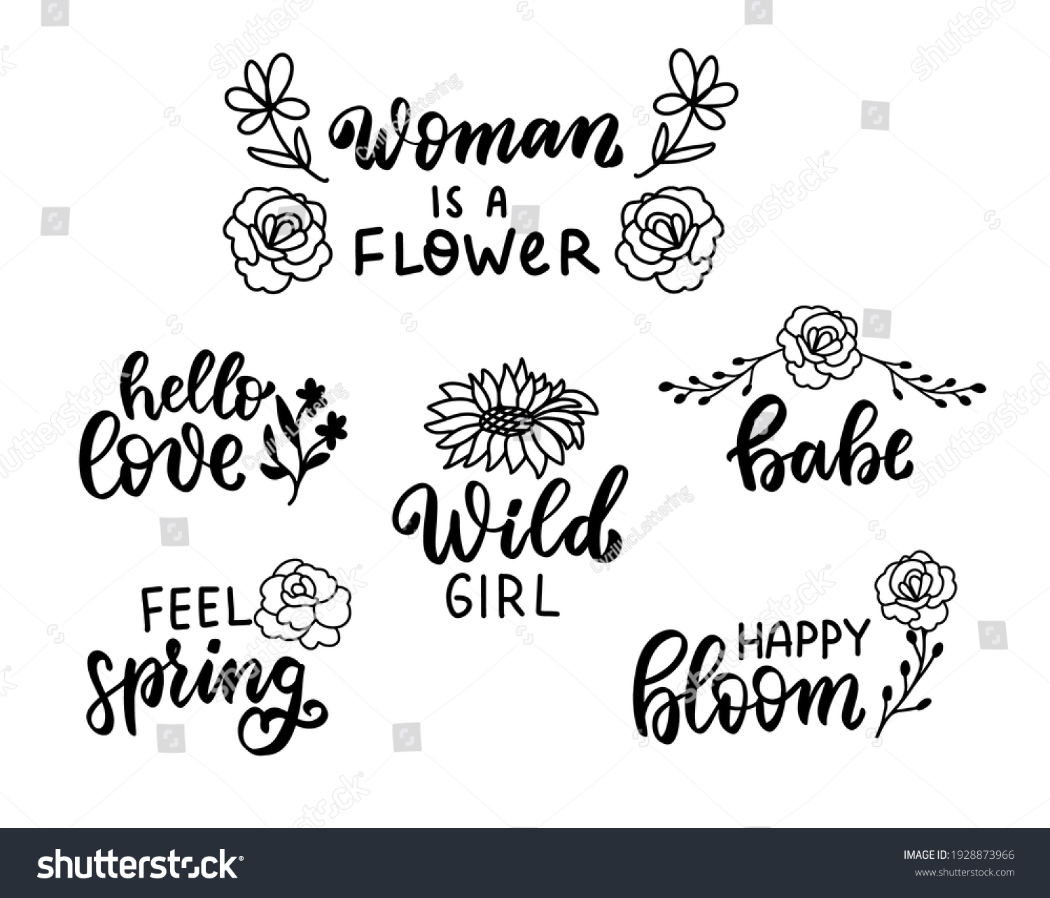 SVG of Woman is a flower. Happy bloom. Feel spring. Wildflowers t shirt design set. Boho hand lettering quotes set. Spring flowers. Bohemian, hippie concept. Romantic love mother day overlay svg
