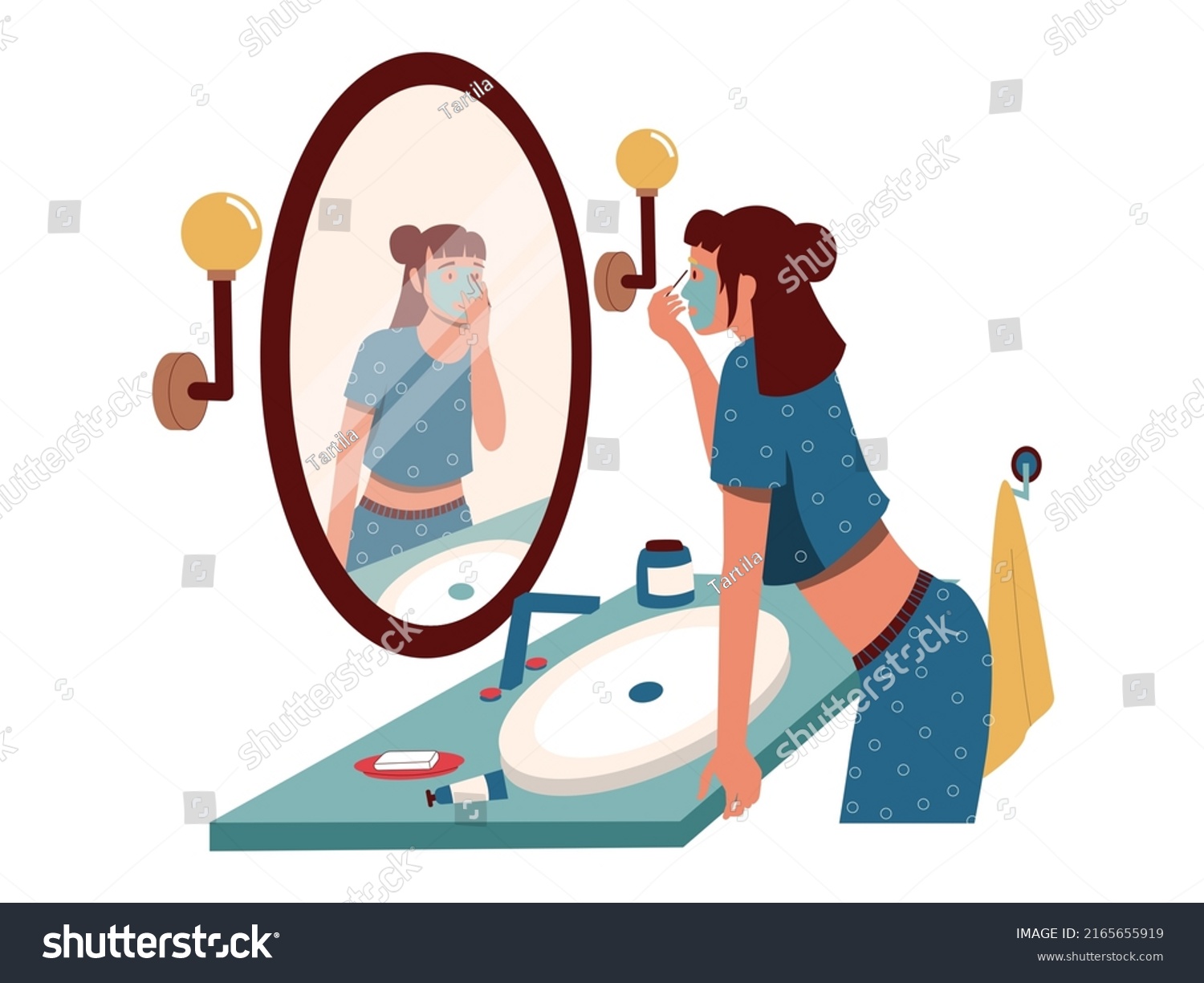 SVG of Woman looking at bathroom mirror. Morning girl hygiene and cosmetics routine, cartoon character standing before mirror. Vector self acceptance or narcissism concept. Lady having facial skincare svg