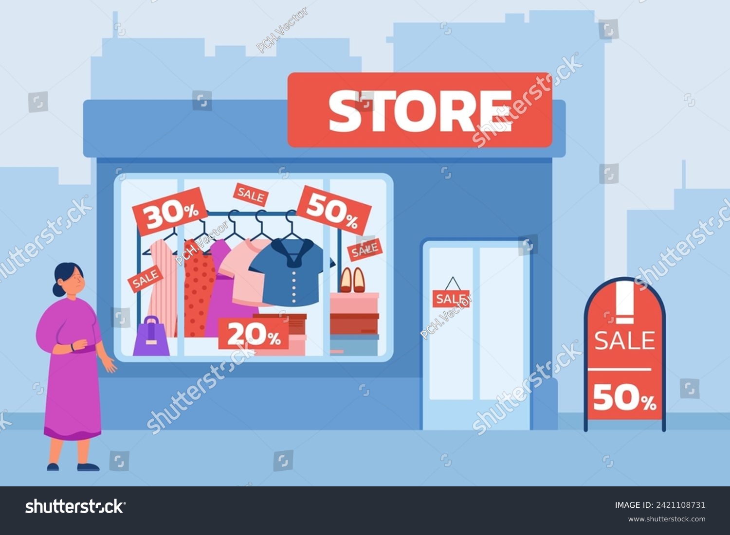 SVG of Woman looking at store window with clothes with sale tags. Vector illustration. People buying less luxury and branded clothes. Fashion, sale, shopping, decrease of consumer purchasing power concept svg
