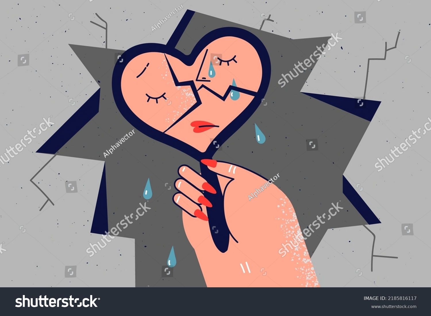 SVG of Woman looking in broken mirror crying of psychological or mental problems. Unhappy female suffer from insecurity and self-destruction. Vector illustration.  svg