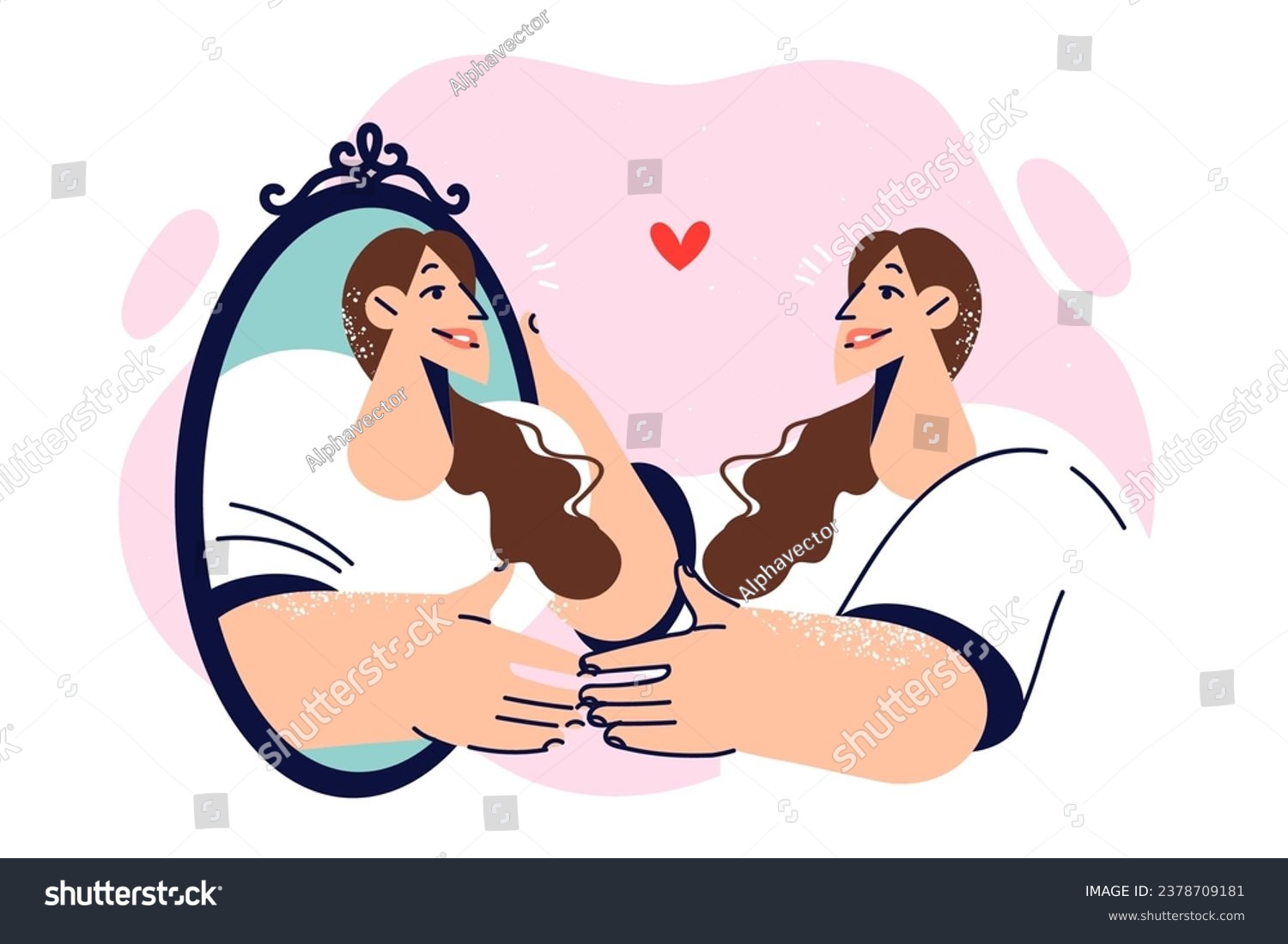 SVG of Woman looks in mirror rejoicing to see herself reflected, for concept of narcissism and self-admiration. Girl practices speaking standing in front of mirror, before declaring love to guy she likes. svg
