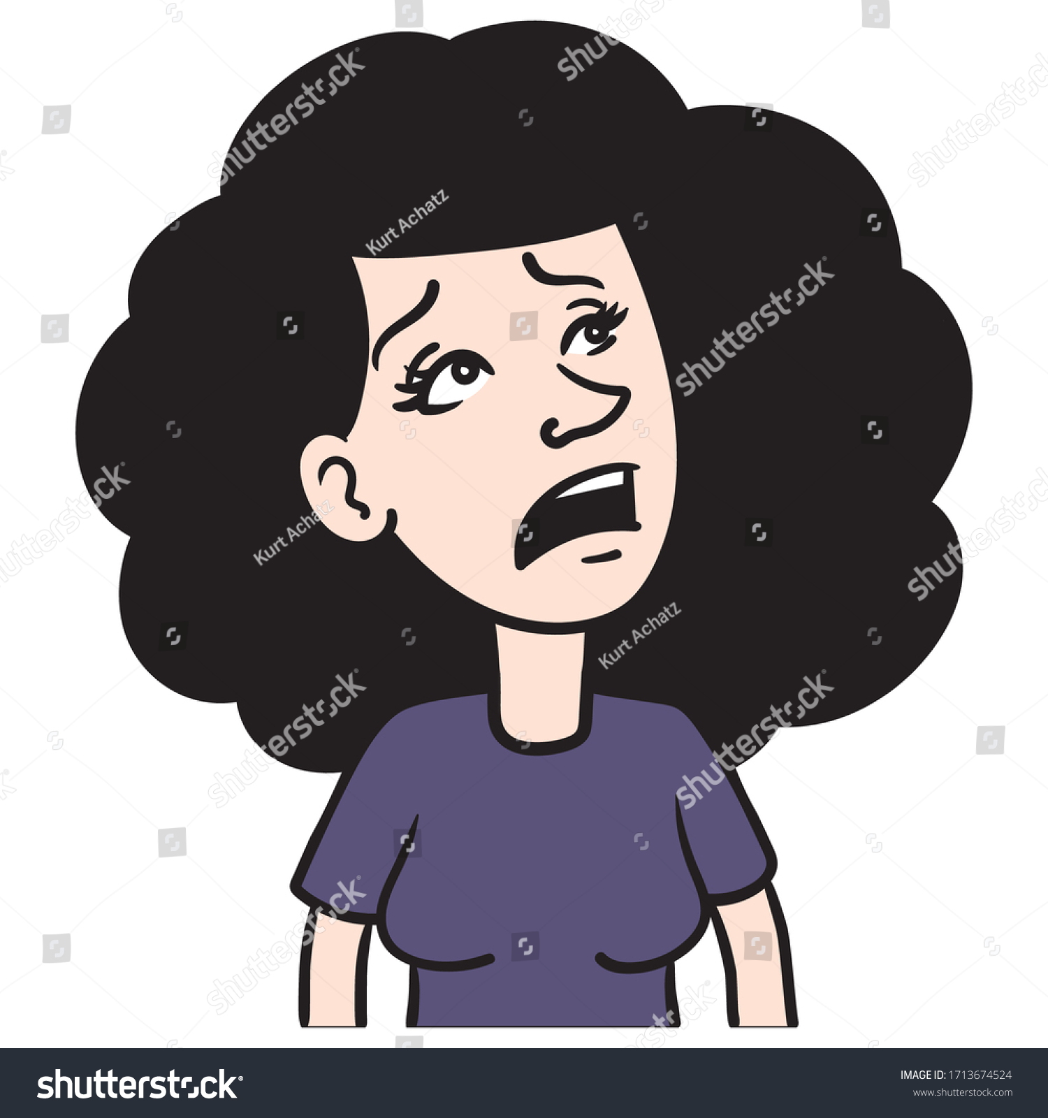 recommend clip art: woman looks with concern to the top right corner and is startled. emotions, avatar, cartoon, vector.