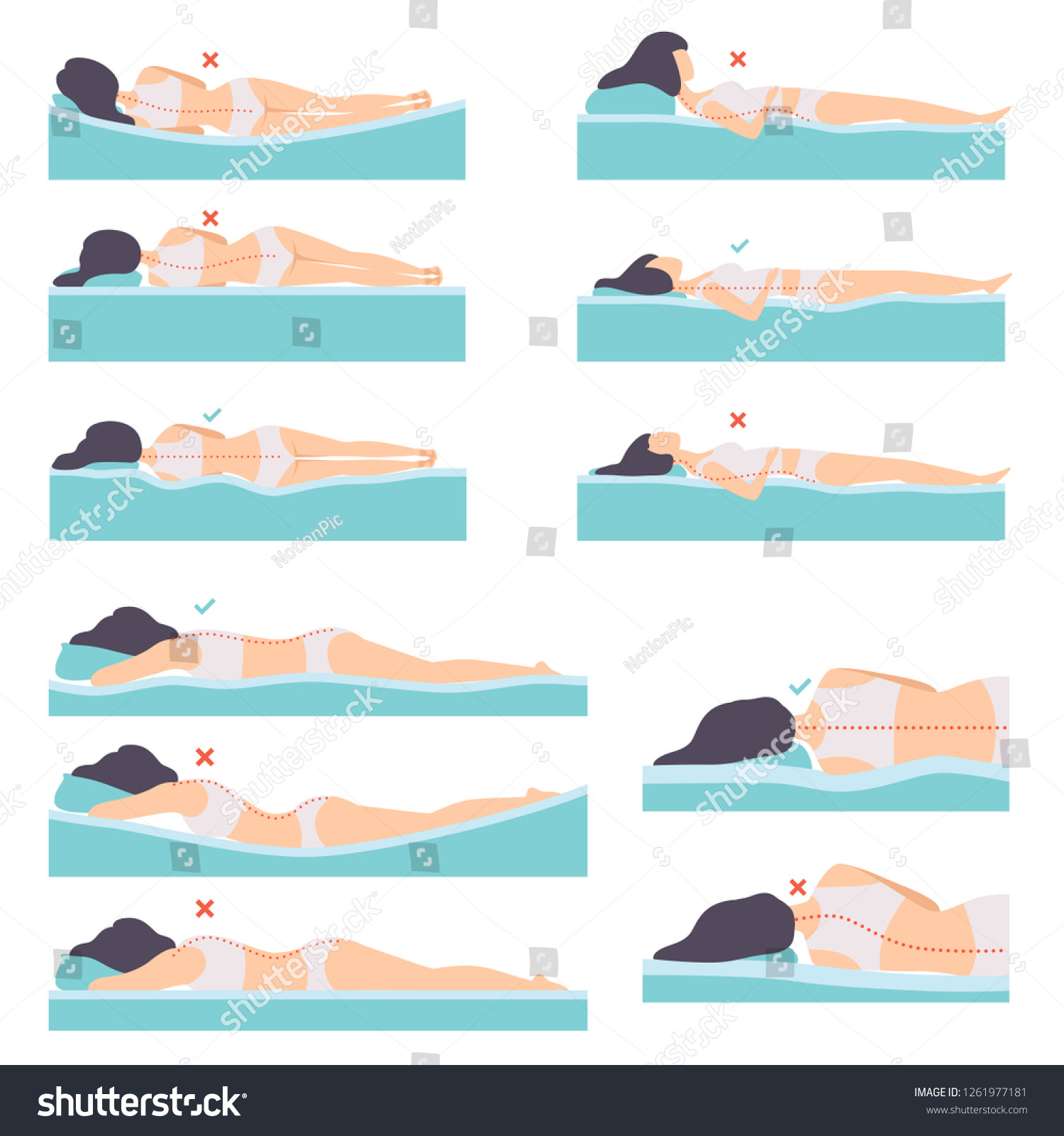 SVG of Woman lying in various poses set, side view, correct and incorrect sleeping posture for neck and spine, healthy sleeping position, orthopedic mattresses and pillows vector Illustration svg