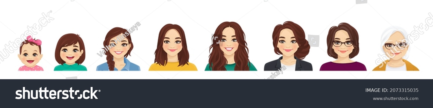 SVG of Woman of diifferent life stages cartoon characters avatars. Baby, child, teenager, adult, mature and old persons vector illustration isolated svg