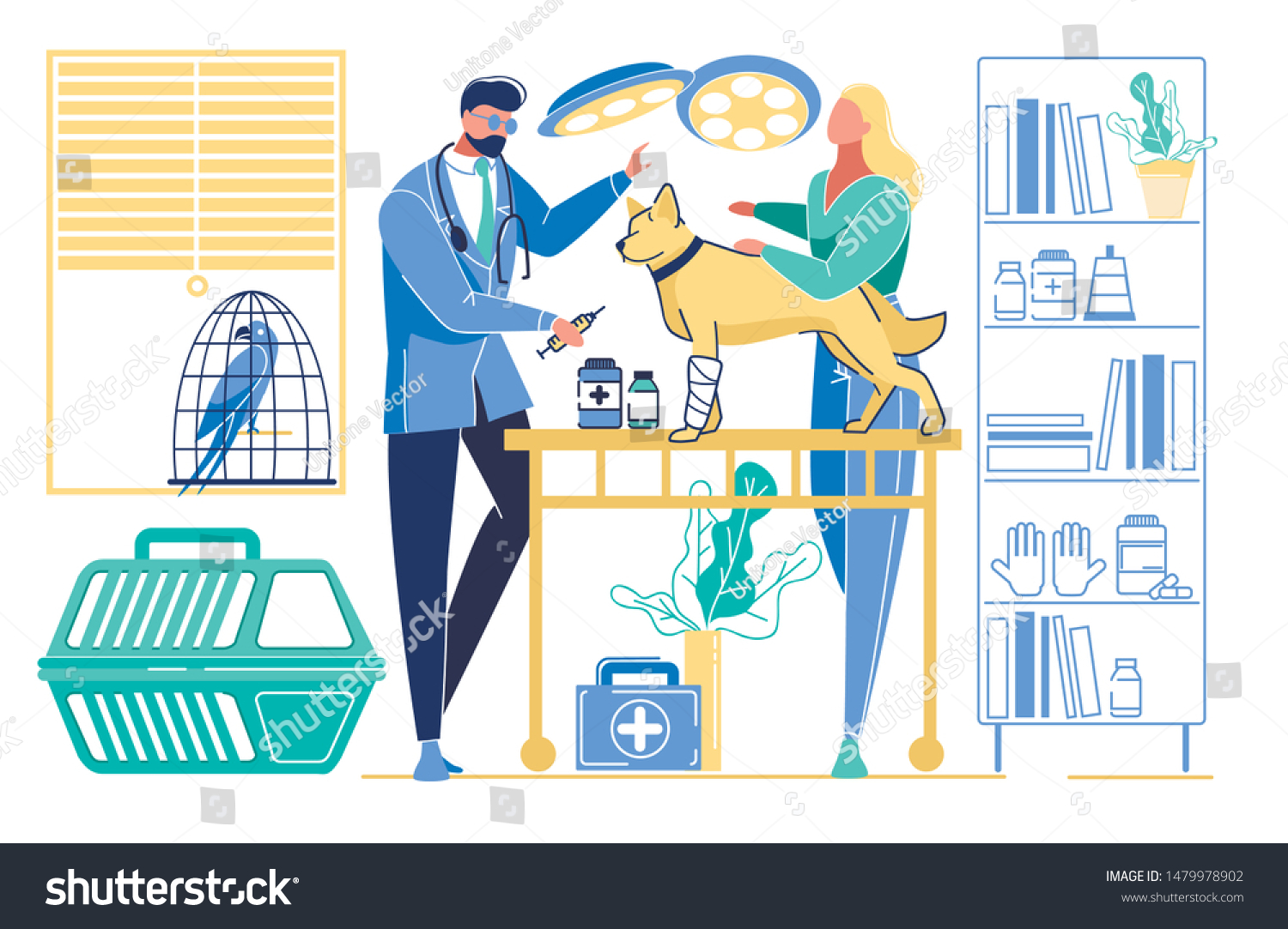SVG of Woman Owner Bring Dog with Broken Paw at Veterinary Clinic for Treatment. Veterinarian Doctor Put Injection to Animal in Cabinet with Medical Equipment, Health Care. Cartoon Flat Vector Illustration svg