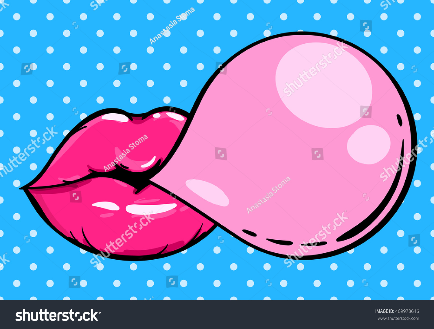 Woman pink lips with gum bubble on pop art background Vector illustration