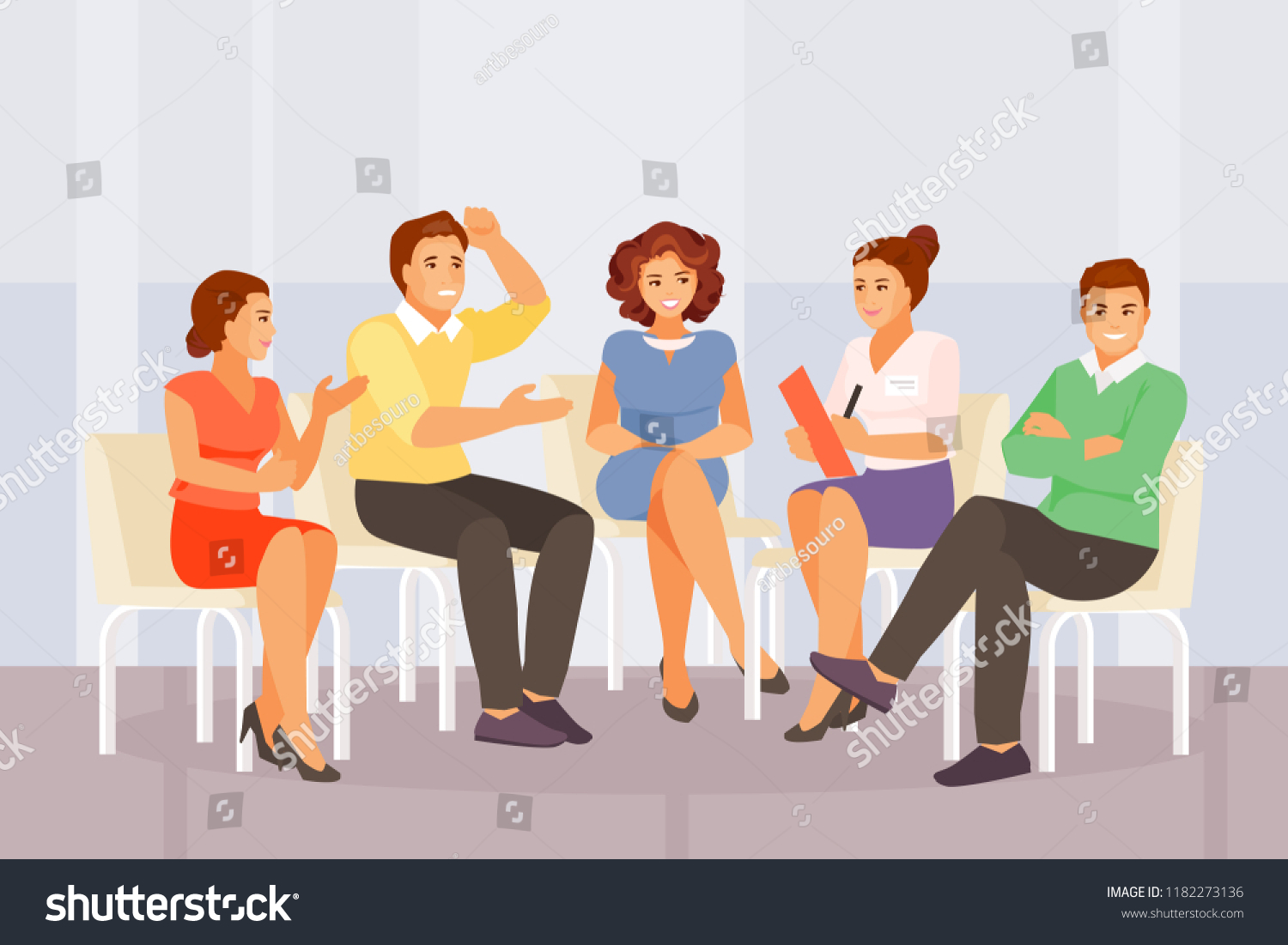 SVG of Woman psychologist working with a group of people. Group therapy and support. Vector illustration svg