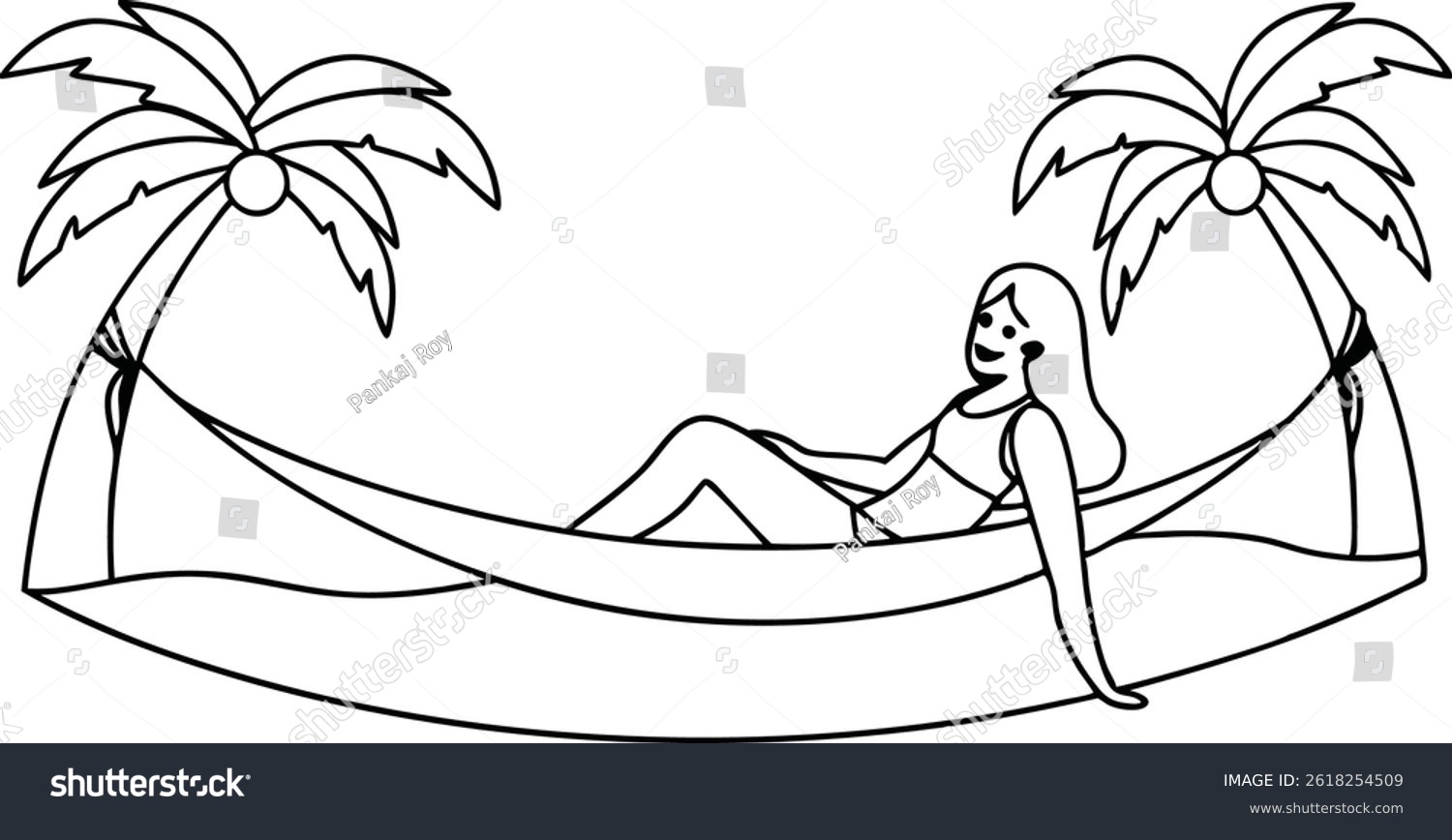 recommend clip art: Woman Relaxing In Hammock Between Palm Trees Outline Graphic