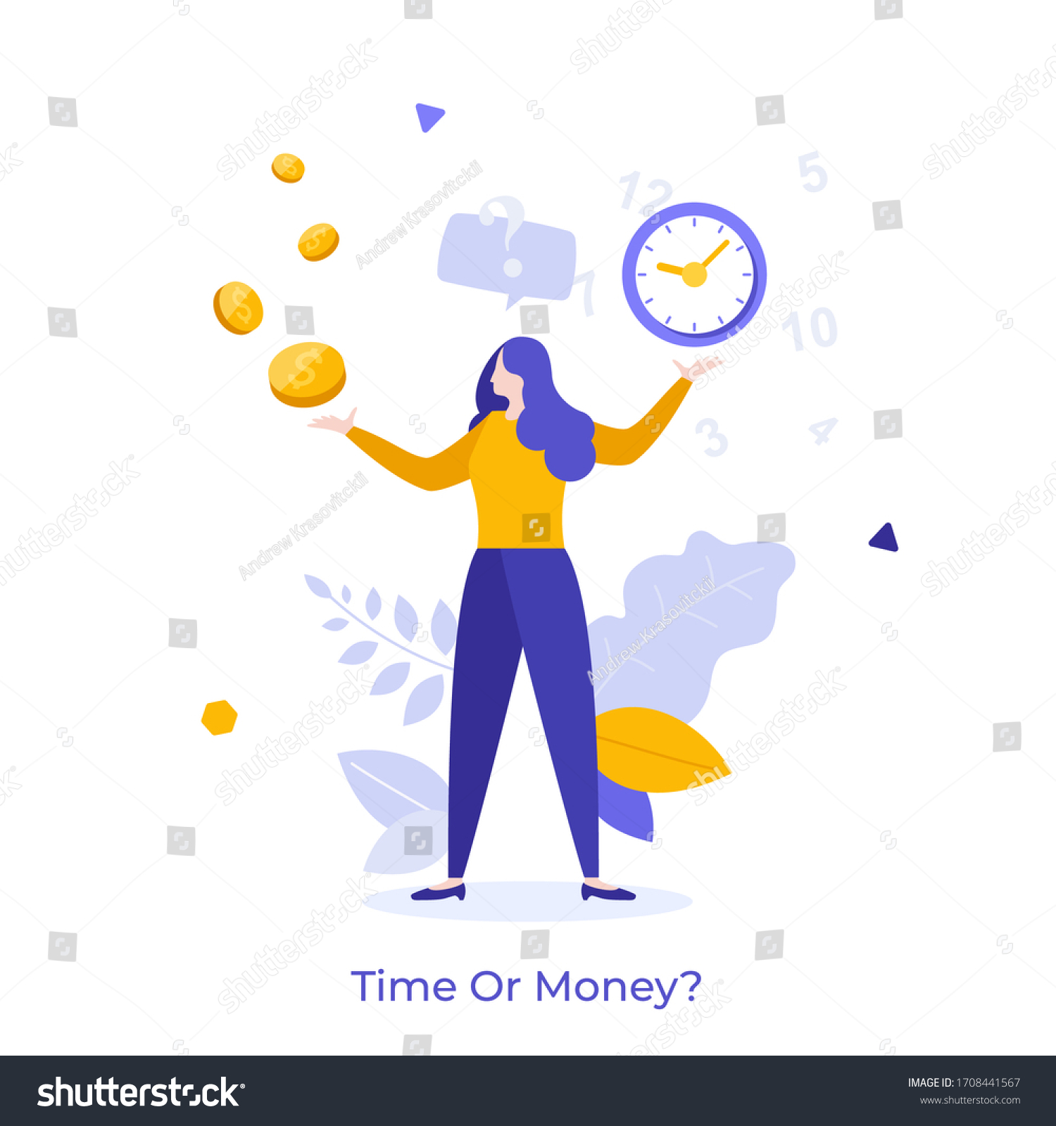 SVG of Woman resolving dilemma, making decision or choosing between two options or alternatives, clock and dollar coins. Concept of time or money, work-life balance. Modern flat colorful vector illustration. svg