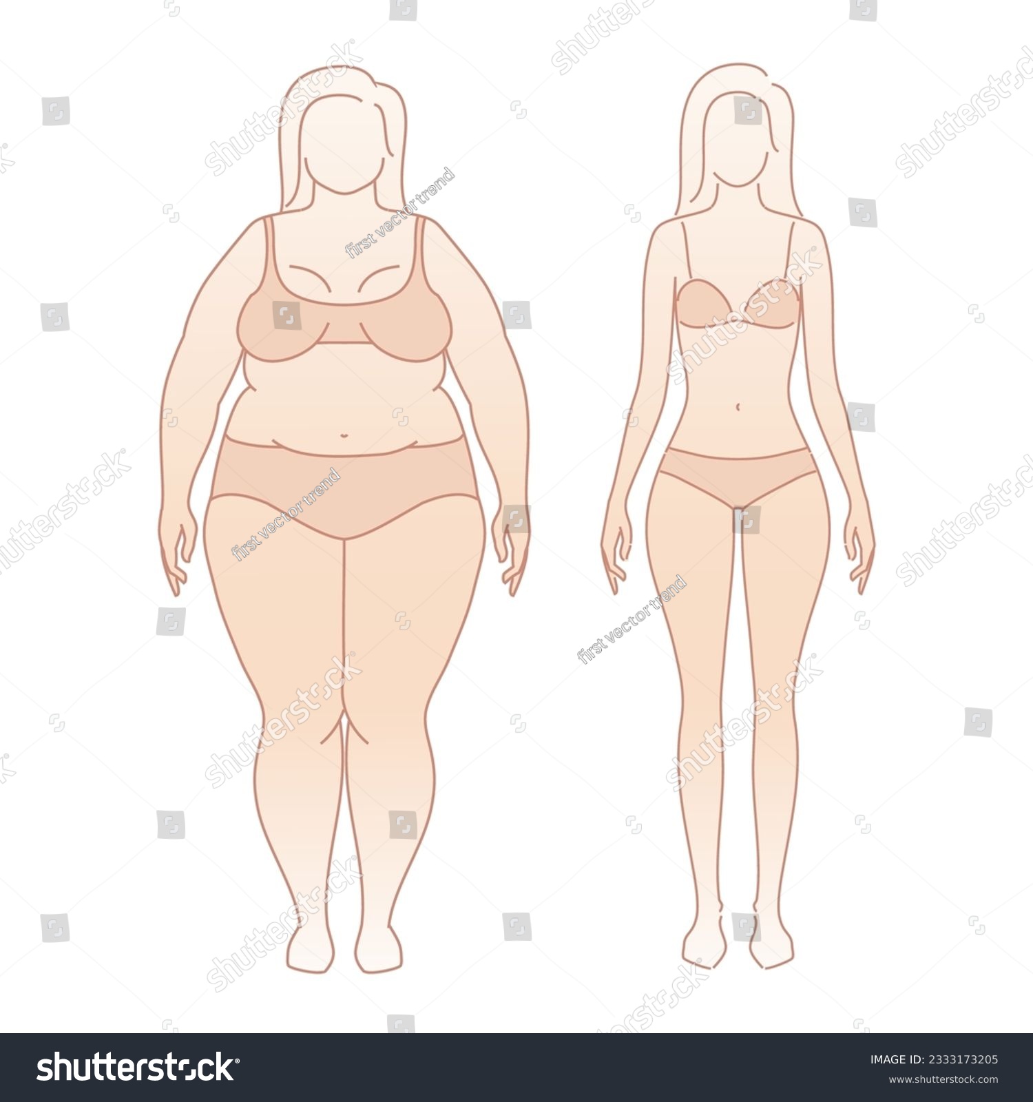 SVG of Woman's body before and after weight loss. Old fat, perfect shape female silhouette. Slimming Body transformation girl. Rejuvenating treatments. Liposuction, diet, plastic surgery. Vector illustration svg