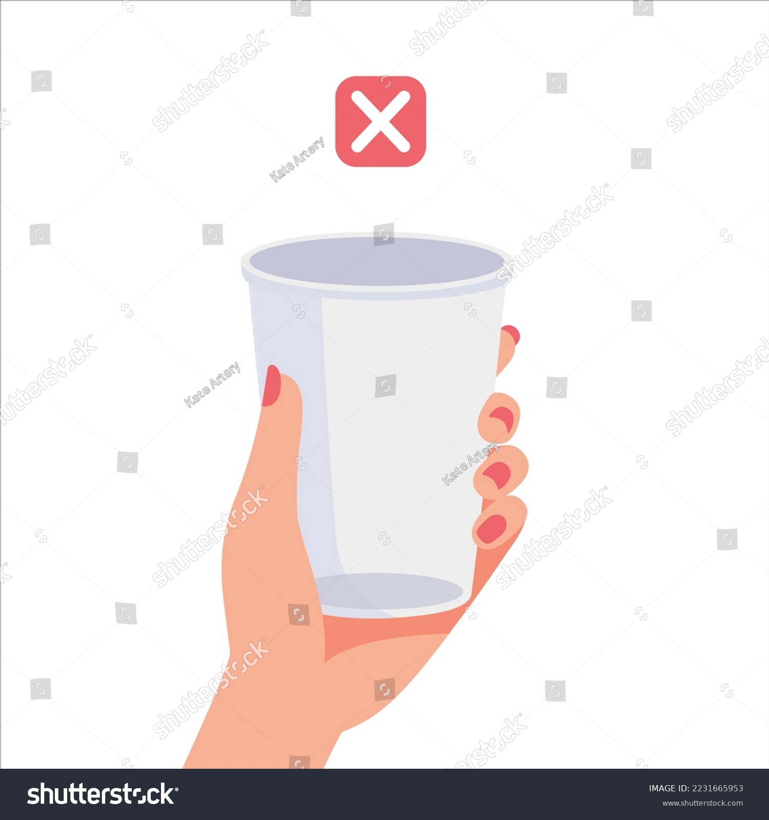 SVG of Woman's hand holding disposable plastic cup with prohibition sign. Reduce plastic, sustainable lifestyle, zero waste, ecological concept. Say no to plastic. Vector illustration in cartoon style svg