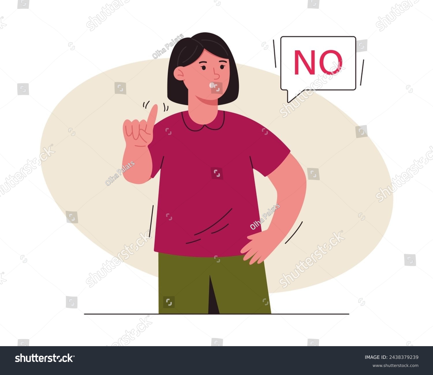 SVG of Woman says no and showing stop with one finger, taboo sign, negates with a facial expression. No, she makes a stop gesture. Concept of denial, refusal. Vector illustration svg