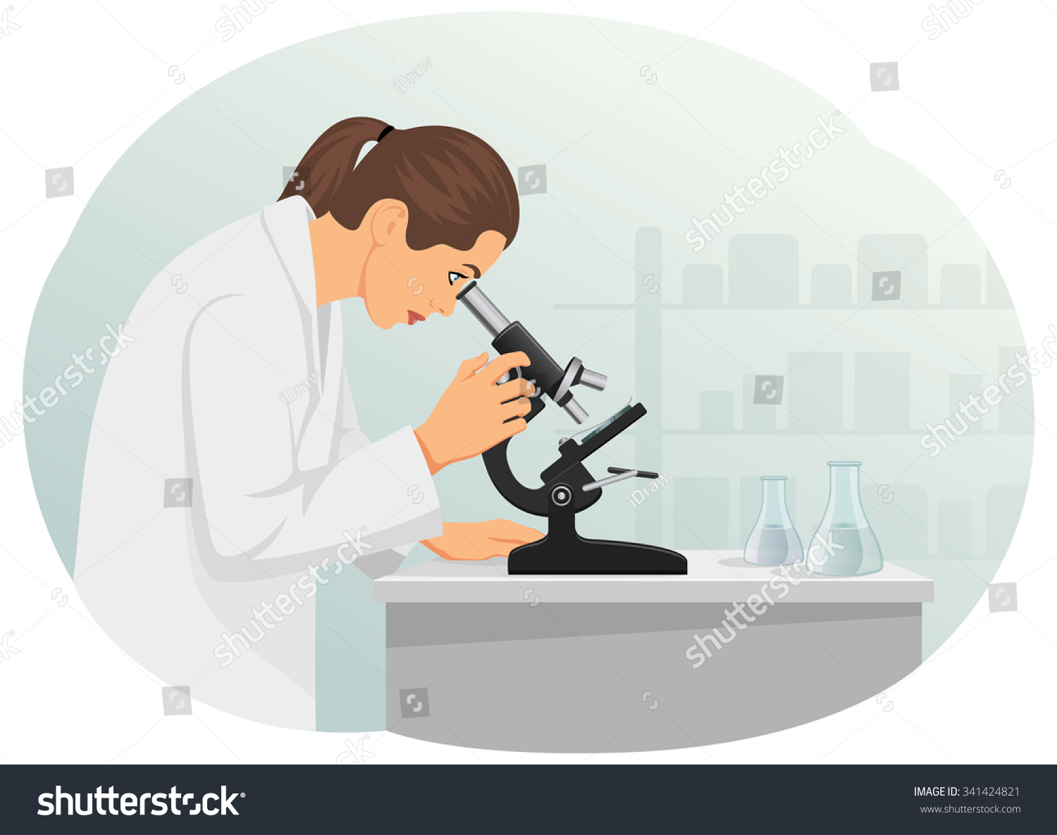 Woman Scientist Is Looking Through A Microscope. Laboratory And ...