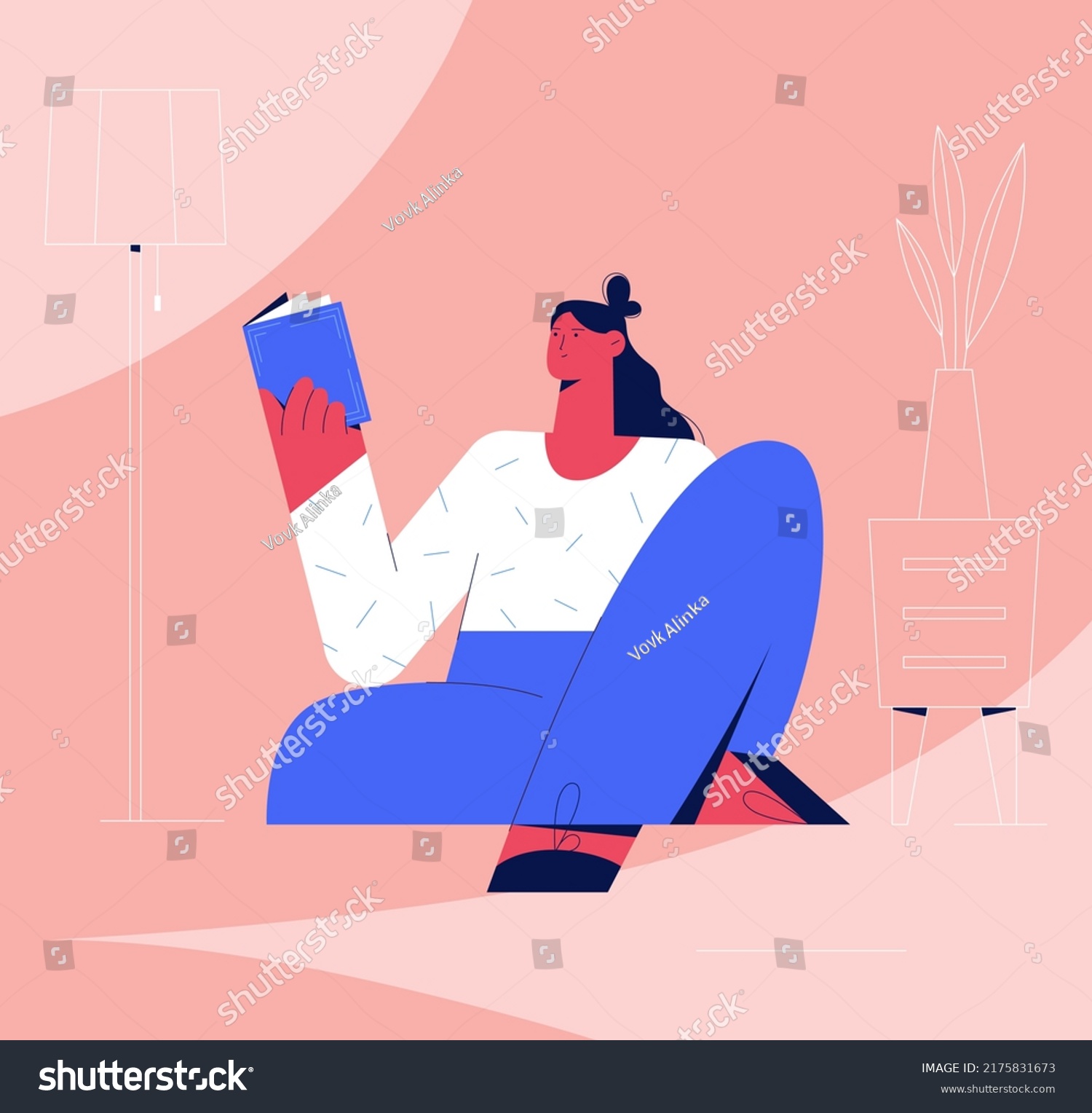 Woman Sitting Reading Book Vector Illustration Stock Vector (Royalty ...