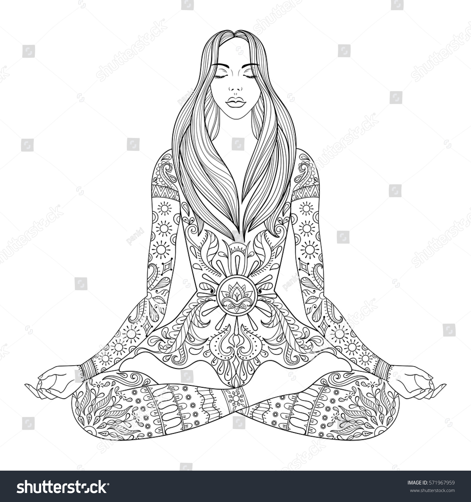 Vector ornate girl silhouette for adult coloring pages meditation