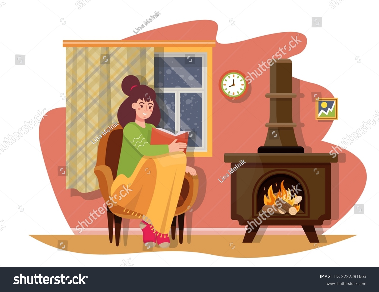 SVG of Woman sitting in the armchair covered in blanket and reading a book near potbelly stove with burning wood. Freezing at home. Warming the room with a heater in cold weather. Flat vector illustration. svg