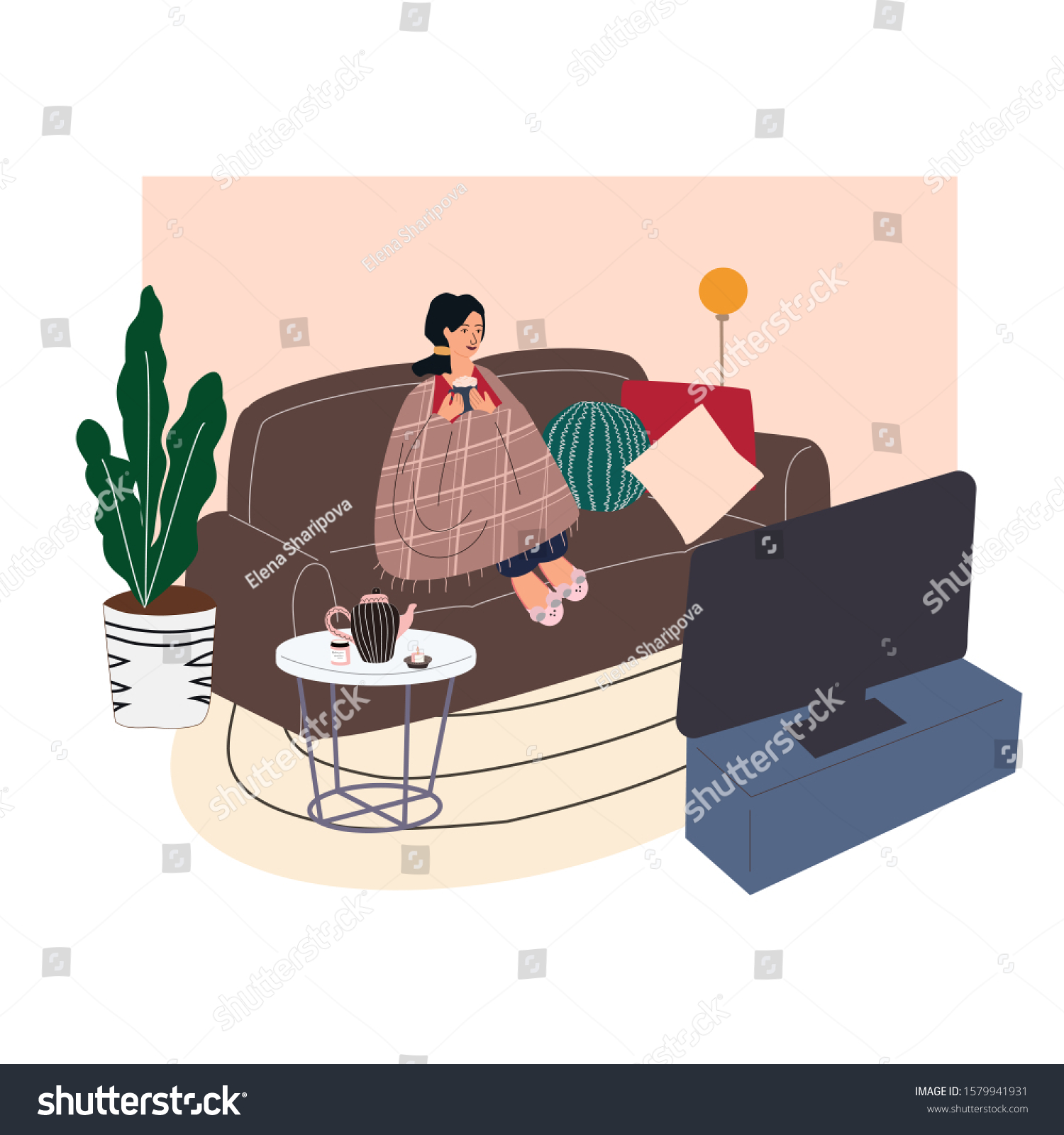 SVG of Woman sitting on cozy sofa. Young girl wrapped in blanket  and drinking hot coffee or tea, watching movie and relaxing after work. Trendy interior in Scandinavian style. Flat cartoon vector svg