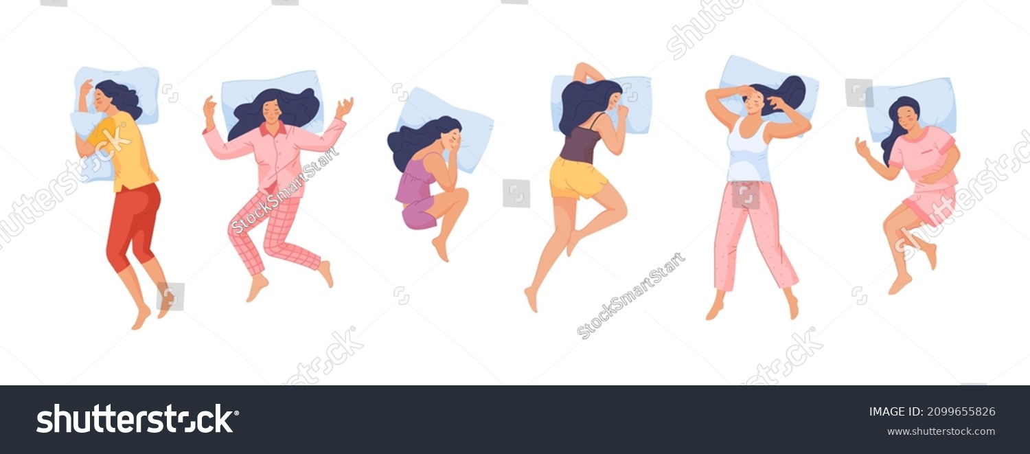 SVG of Woman sleep. Female sleeping positions, vector illustration. Set of position female sleep, woman in bed pose relax, dream and relaxation svg