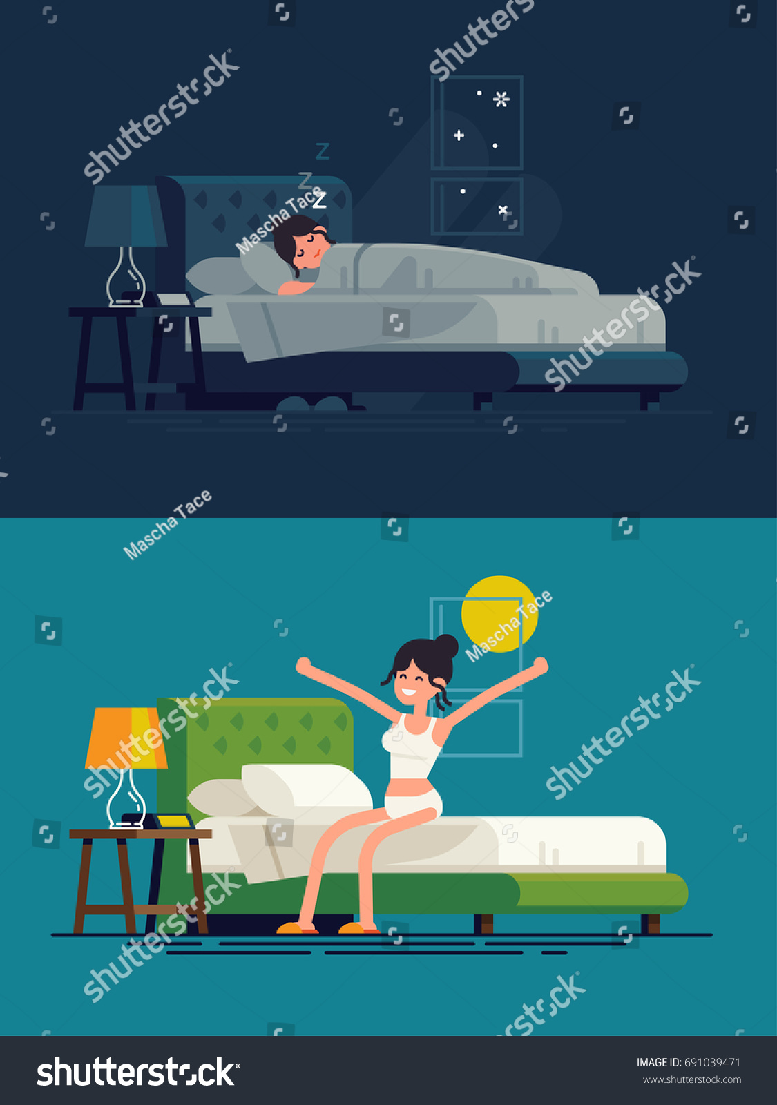 Woman Sleeping Night Waking Morning Flat Stock Vector (Royalty Free ...