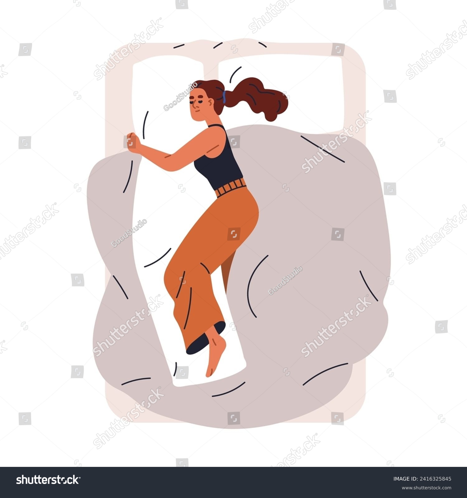 SVG of Woman sleeping, dreaming. Girl asleep in bed, lying on side, hugging long full-body pillow. Female resting, reposing, slumbering, top view. Flat vector illustration isolated on white background svg