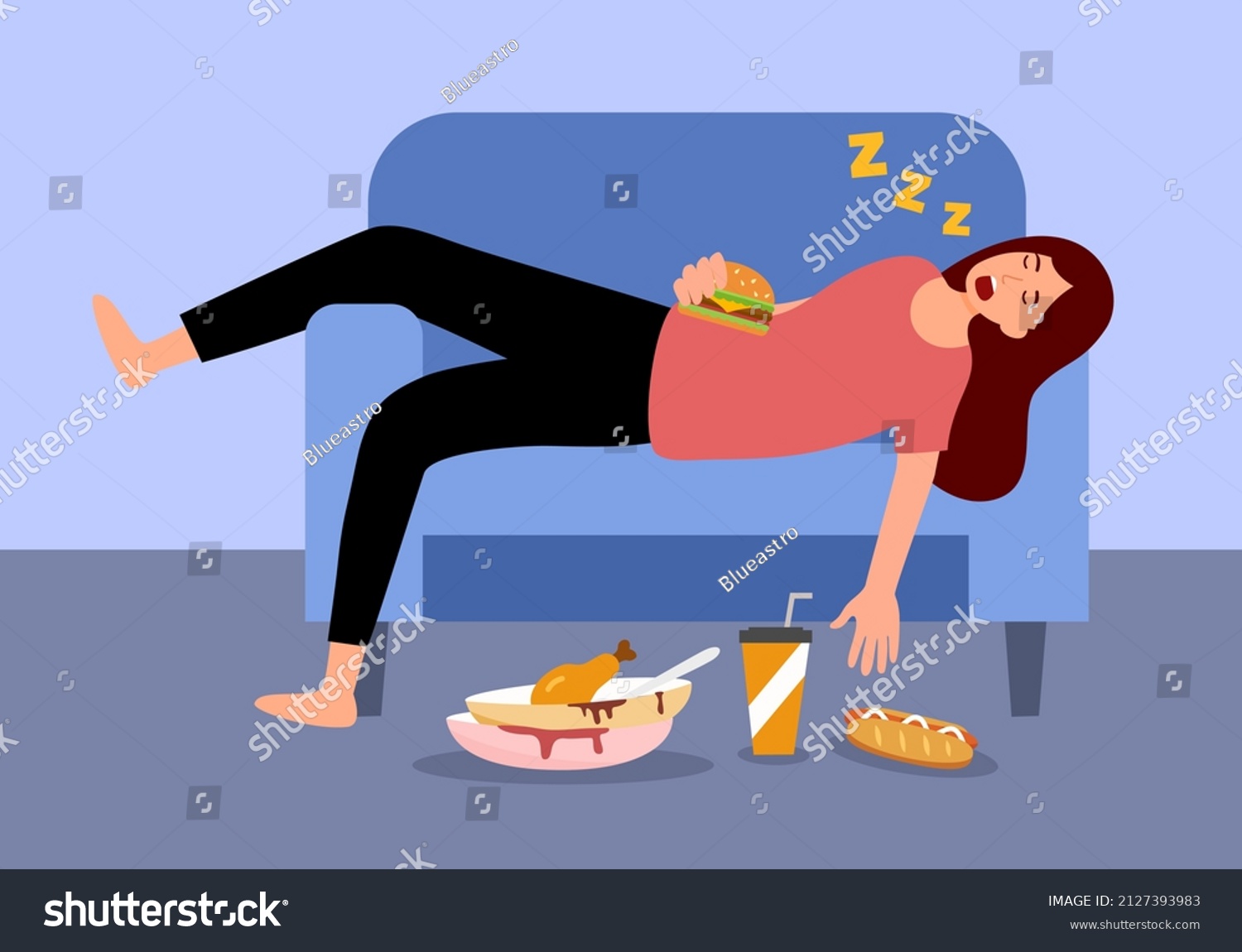 SVG of Woman sleeping on sofa after overeating in flat design. svg
