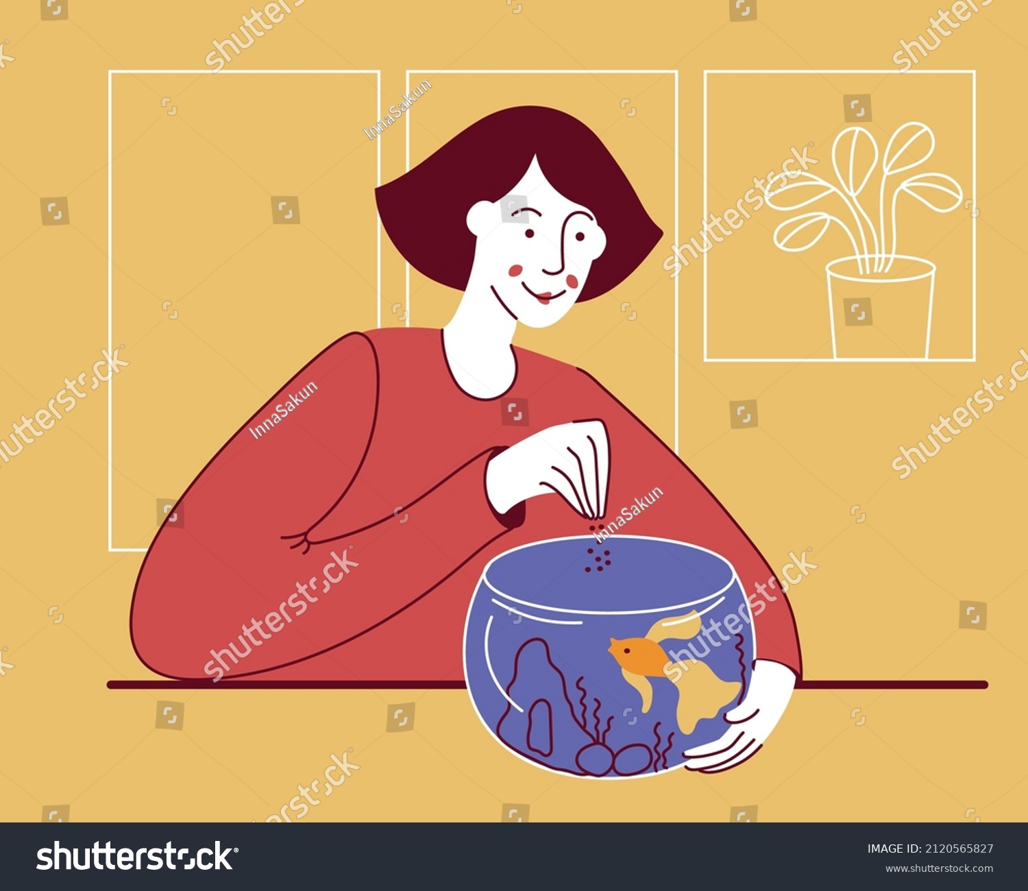 girl feed fish clip art