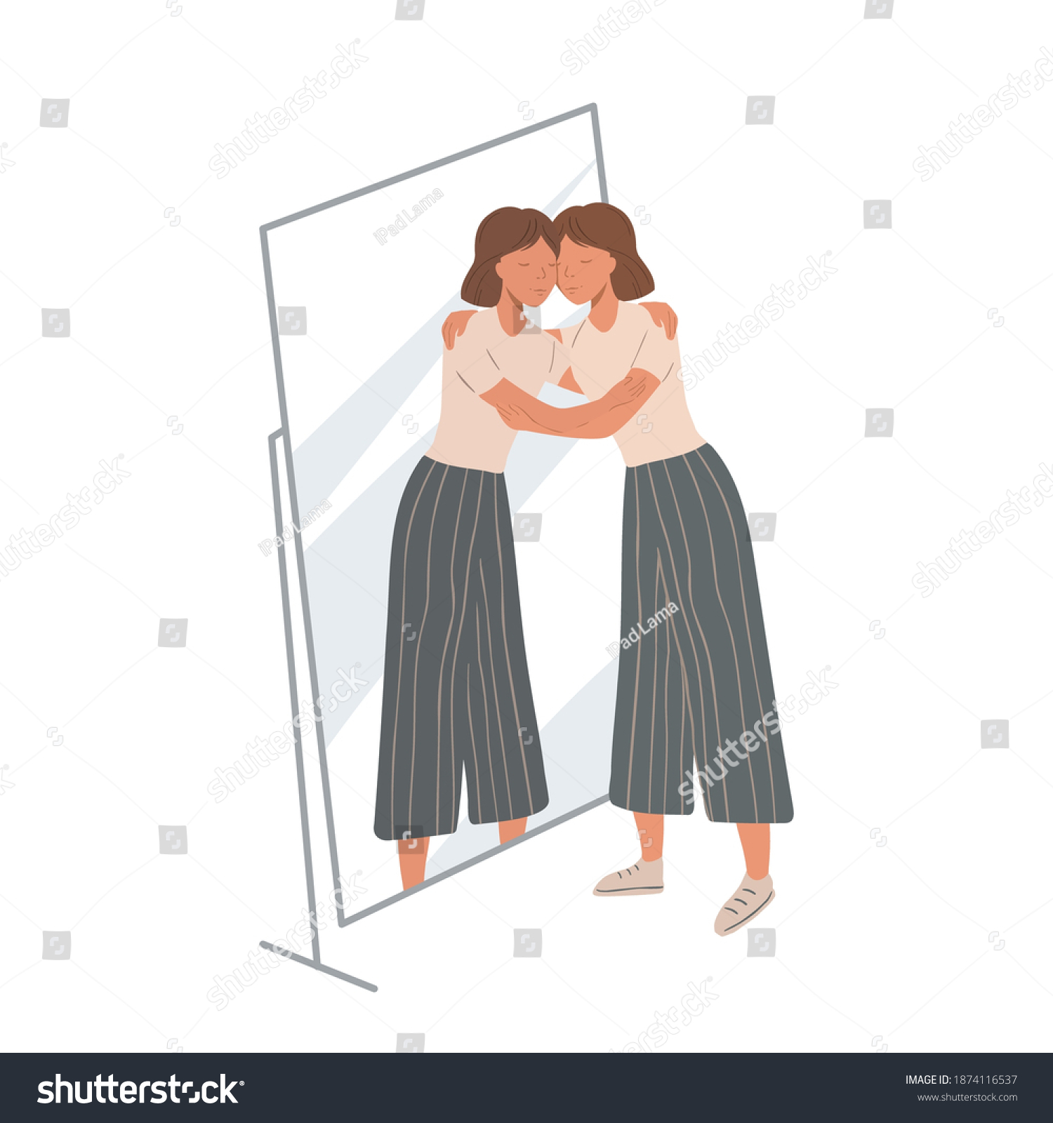 Woman Standing Near Mirrow Hugging Her Stock Vector Royalty Free