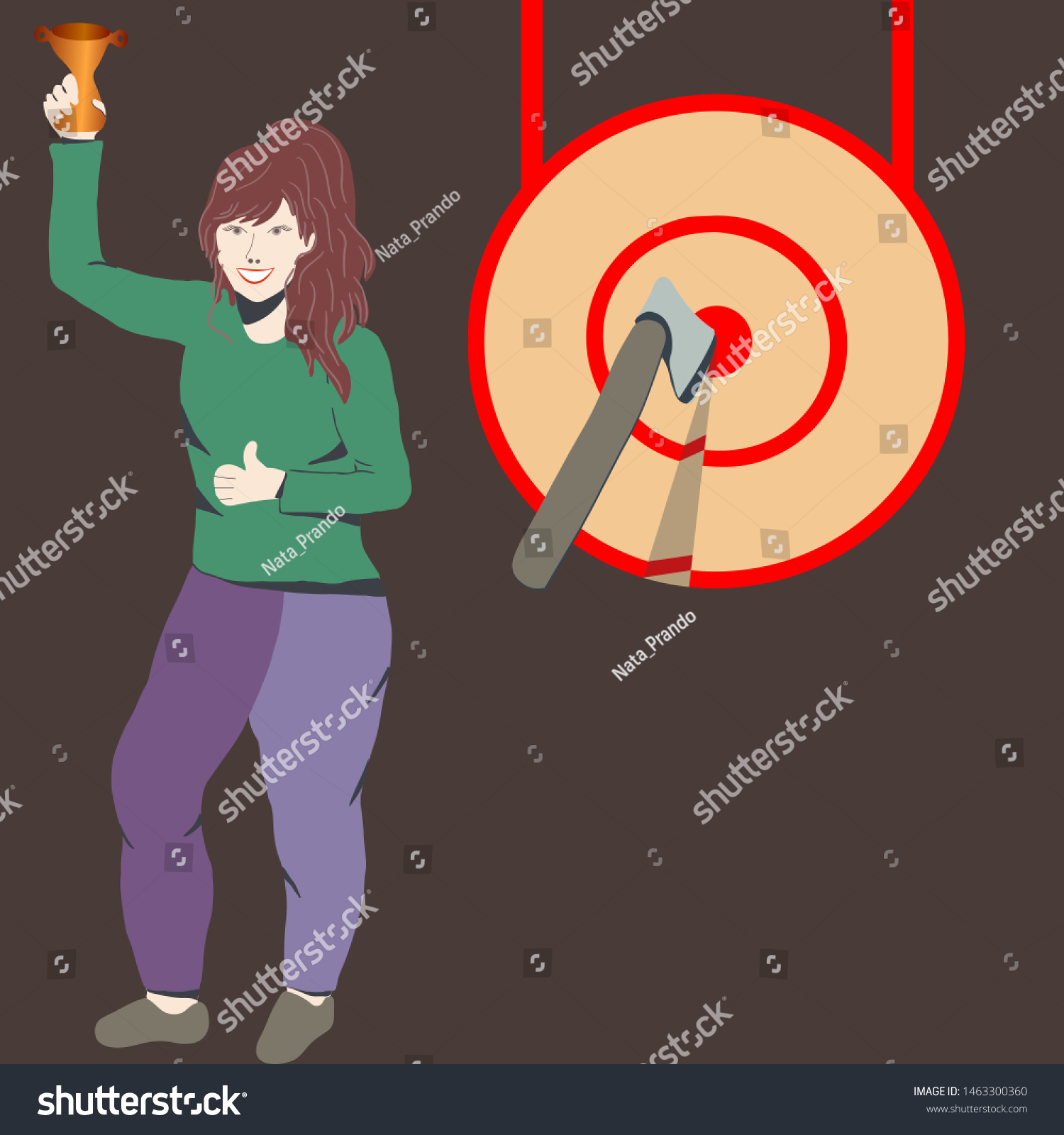 SVG of Woman standing with a gold trophy by a big target and axe on dark background. Big achievement concept.  svg