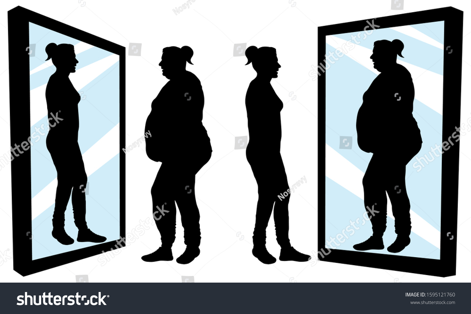 SVG of Woman stands in front of a mirror and sees a reflection. Fat and thin girl. Inferiority complex. Thick and thin. Silhouette vector illustration svg