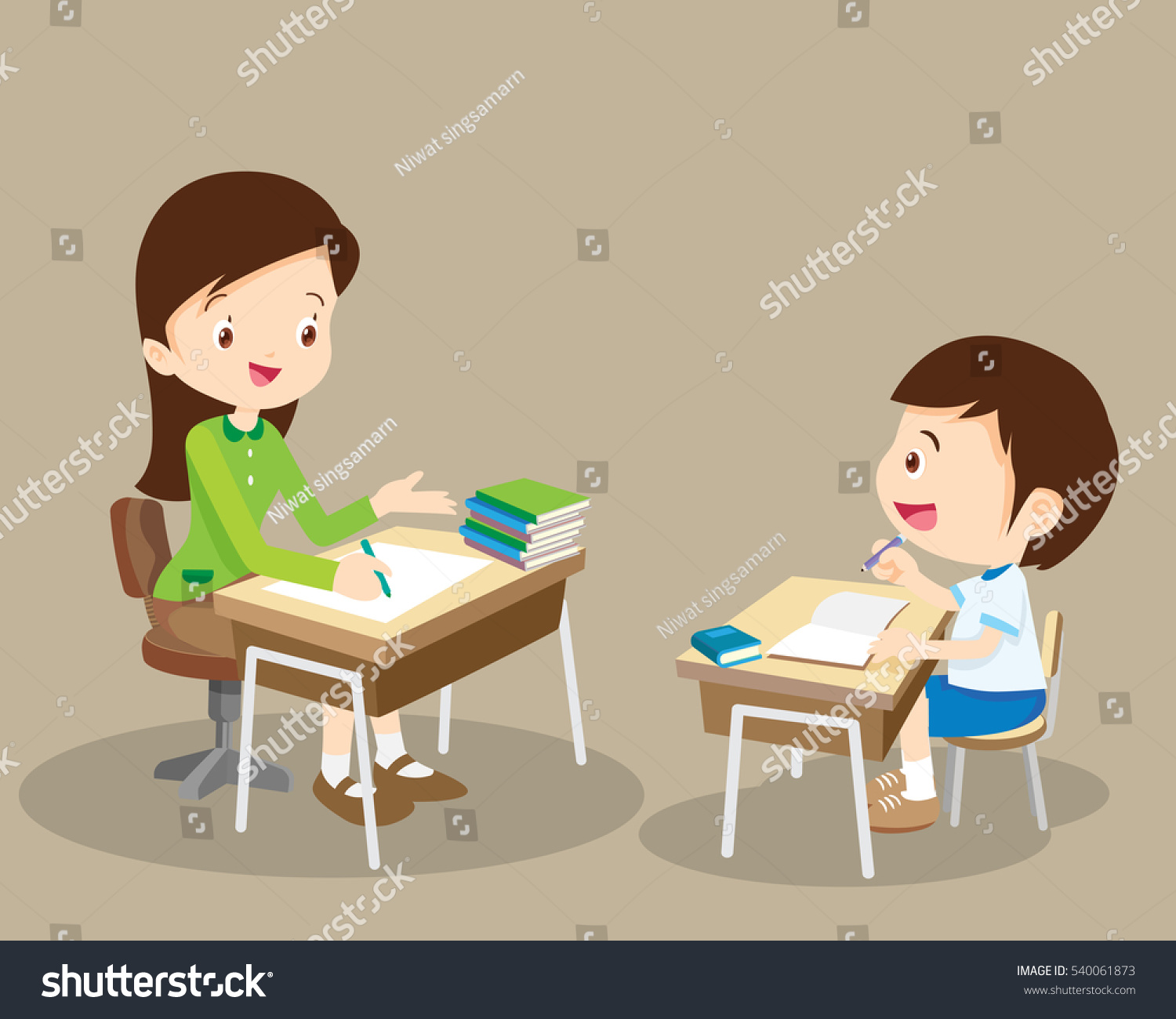 Woman Teacher Tutor Tutoring Boy Kid At Home. Mother Helping Son With ...