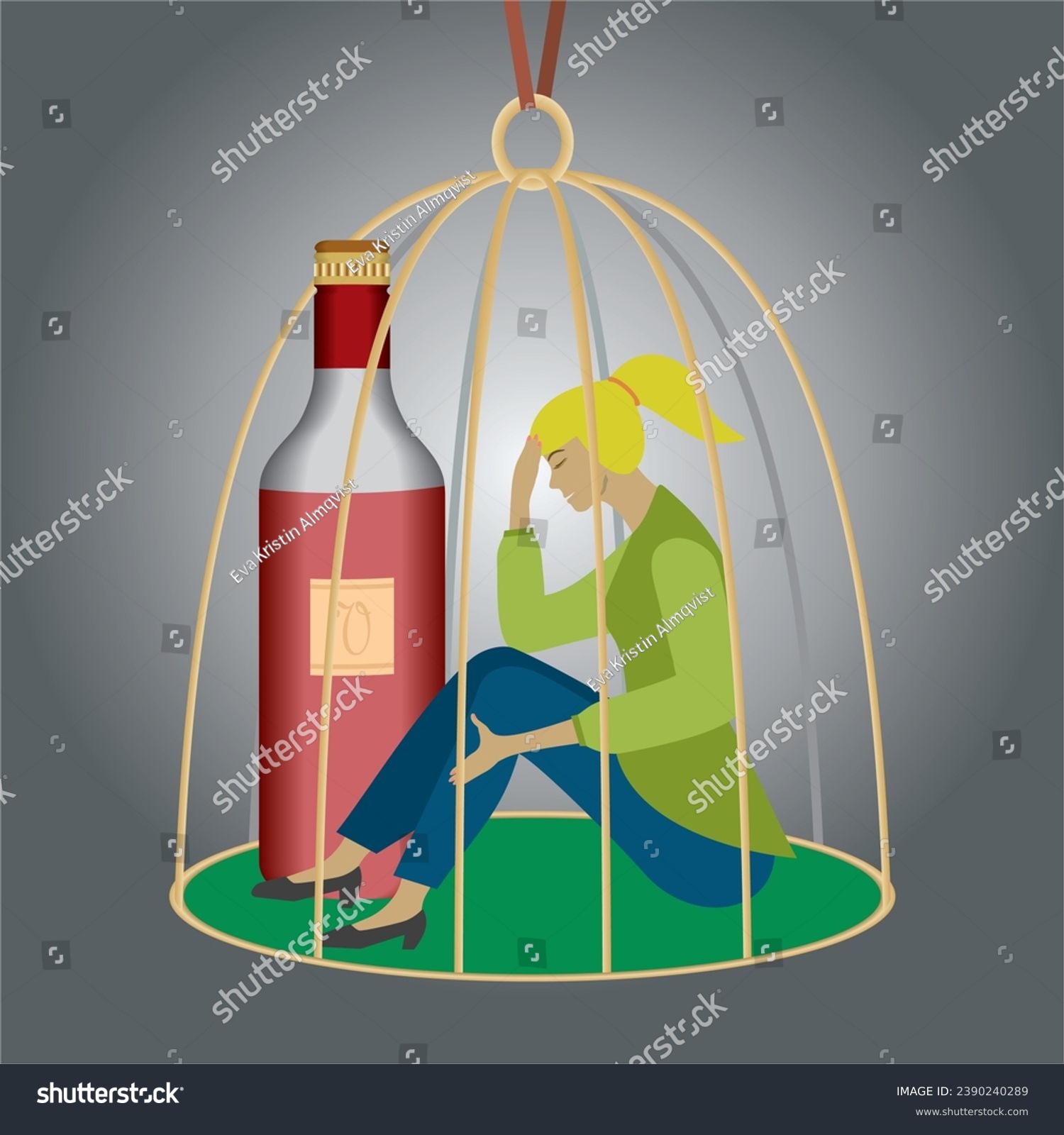 SVG of Woman trapped with alcohol abuse in a cage. Square composition. Vector illustration. svg