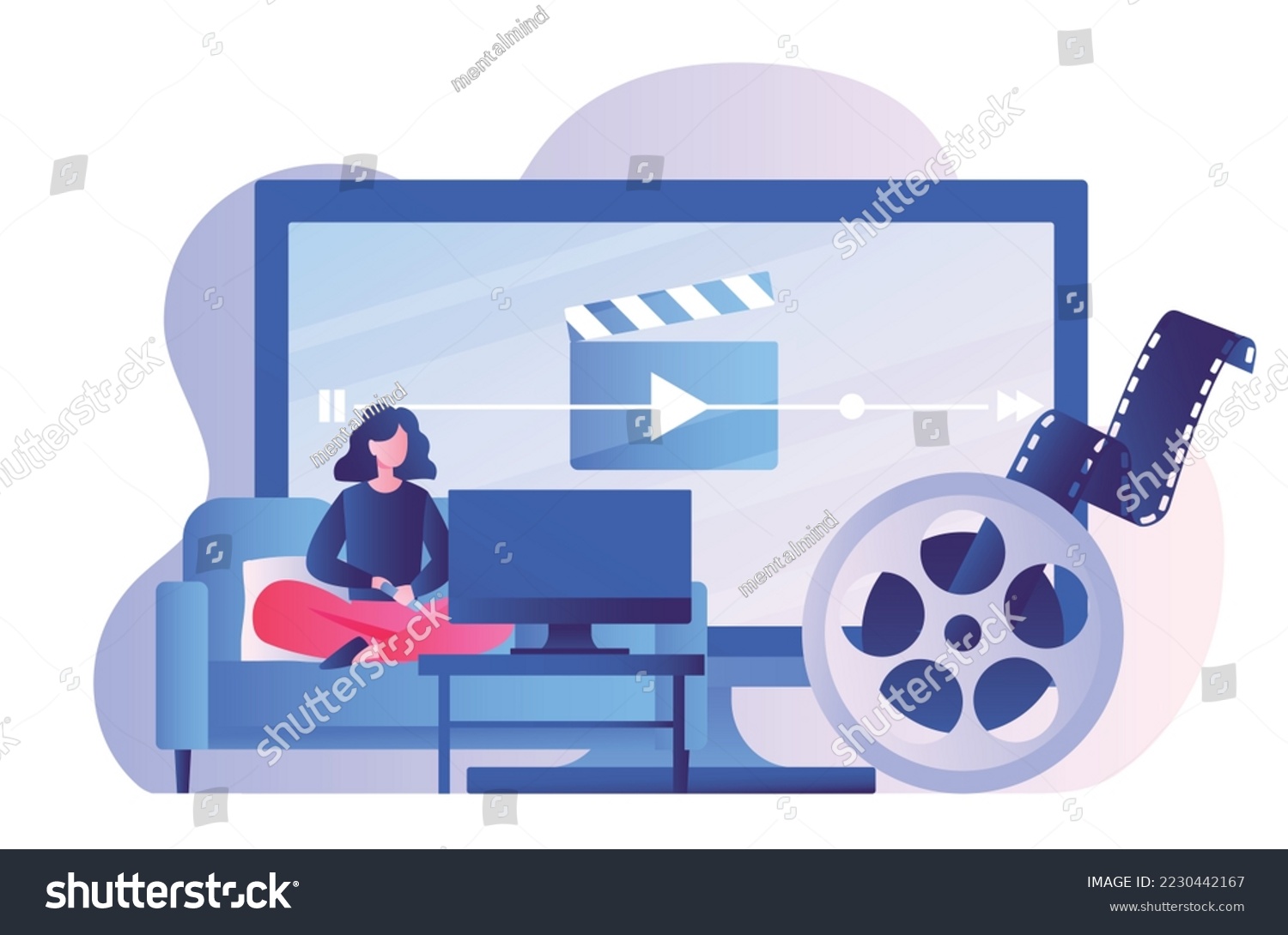 SVG of Woman watch movie. Girl with remote control sits in front of TV, gadgets and devices. Modern technologies and online series. Interesting content, rest after work. Cartoon flat vector illustration svg
