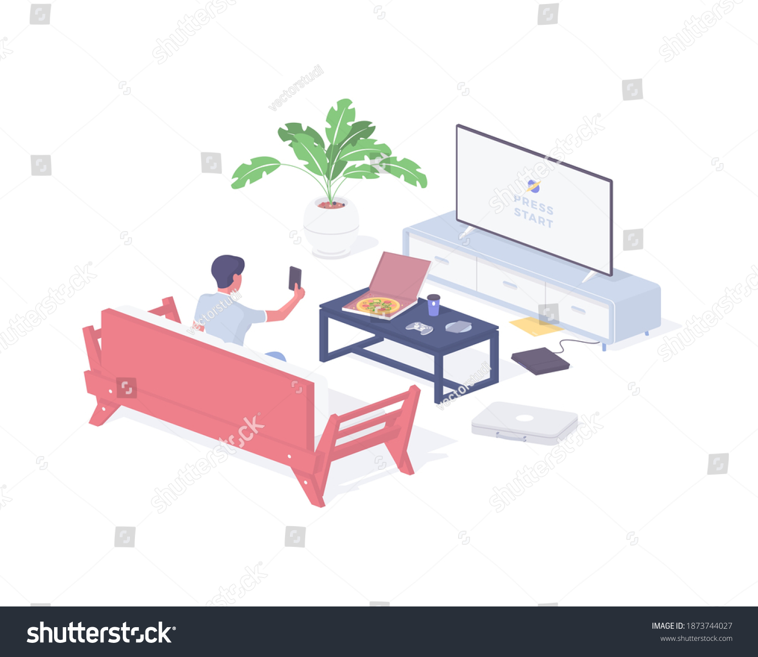 SVG of Woman watching tv while relaxing at home isometric illustration. Female character turns on device with favorite movie. Open fast food on table. Comfortable relaxation after work realistic vector. svg