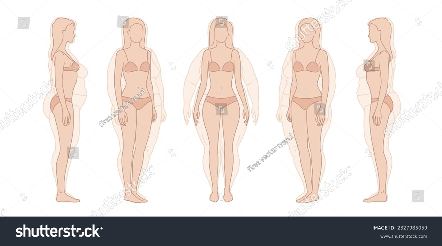 SVG of Woman weight loss before and after diet. Body Transformation challenge logo Concept. Overweight obese female silhouette. health shape. Five angles figure front, 3 of 4, side views Vector illustration svg