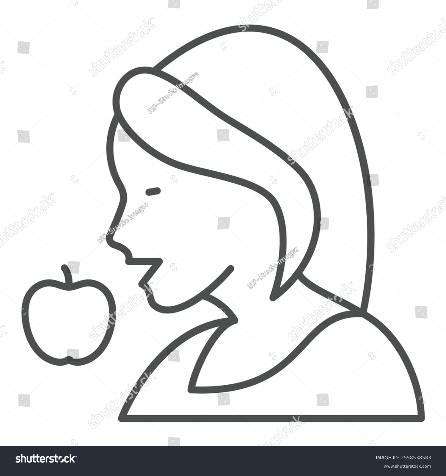 recommend clip art: Woman wish apple thin line icon, eat what you want concept. Vector graphics. Girl with apple fruit sign on white background, outline style icon for mobile or web design