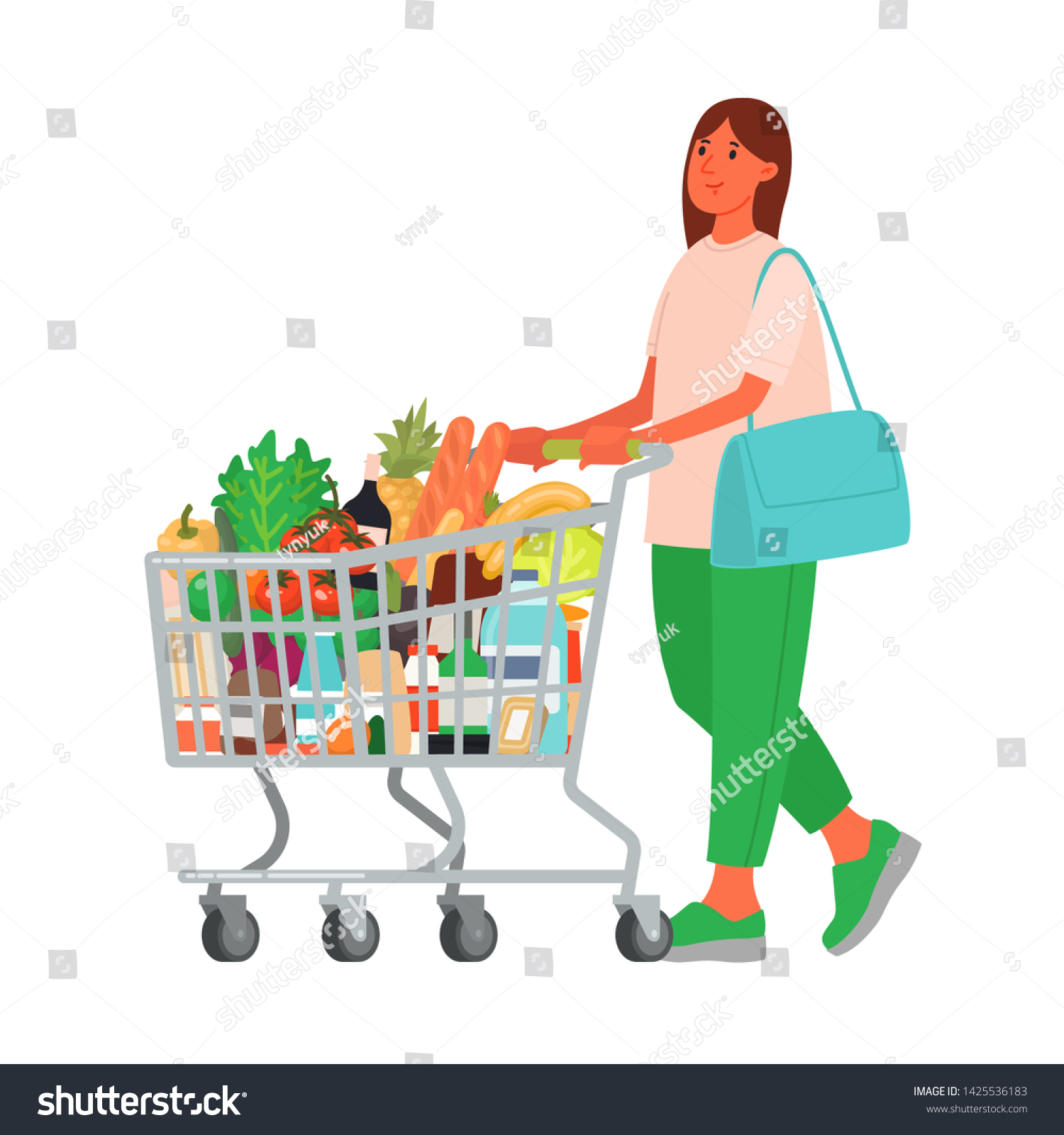 Woman Grocery Cart Supermarket Buying Food Stock Vector (Royalty Free ...