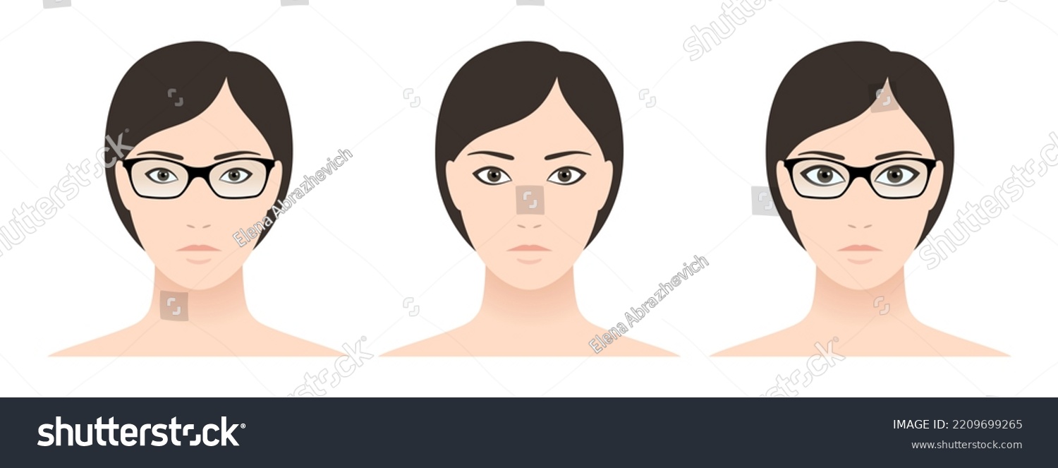SVG of Woman with glasses. Eyes look smaller using lenses with negative number of diopters to correct nearsightedness, eyes look bigger using lenses with positive number of diopters to correct farsightedness svg