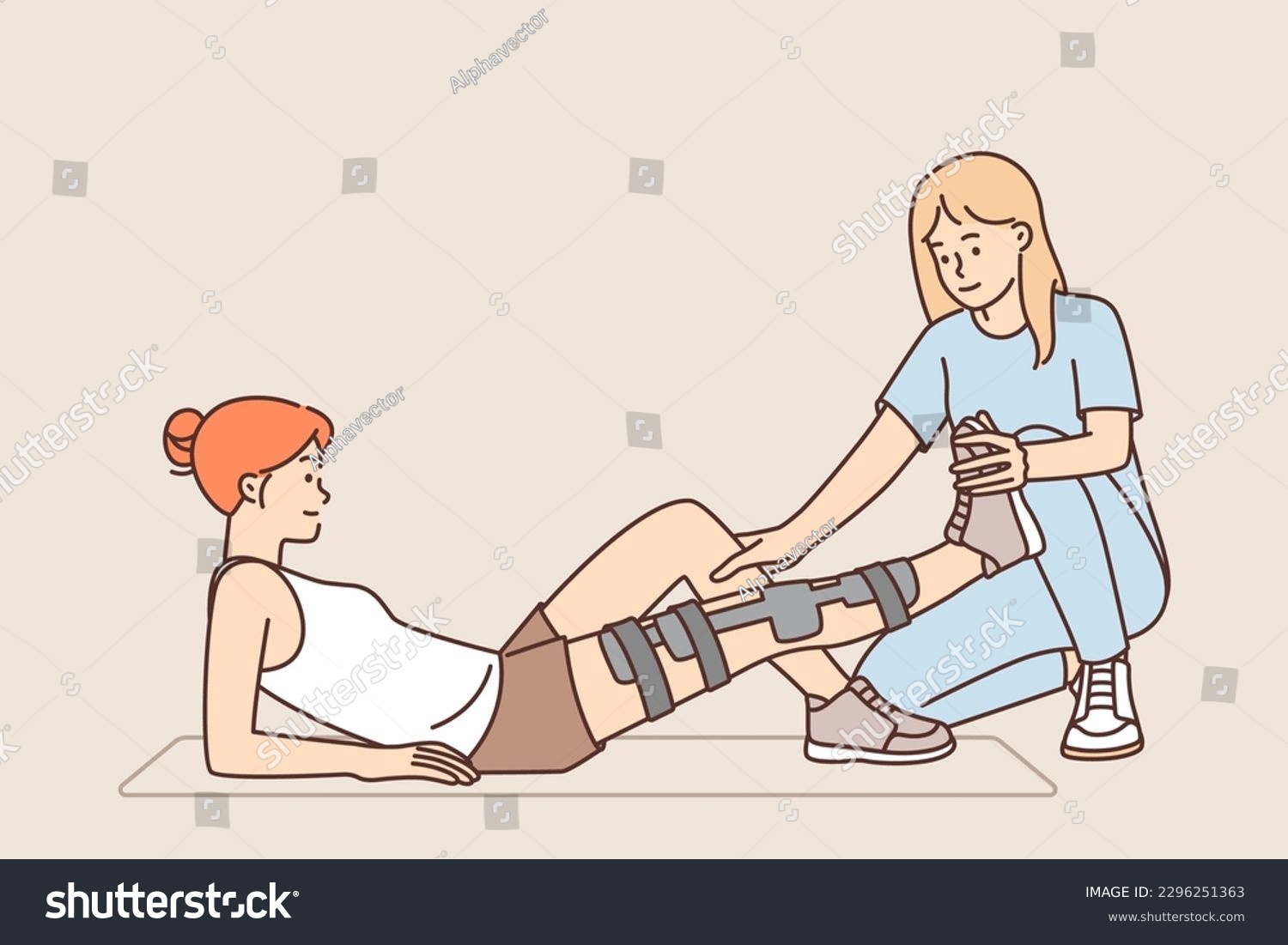 SVG of Woman with leg injury uses services of doctor who helps in rehabilitation to treat fracture. Girl lies on mat with bandage on leg for concept of rehabilitation after car accident or fall svg