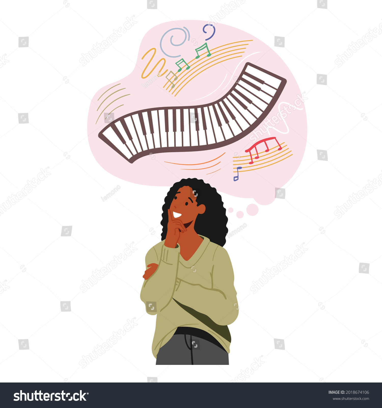 SVG of Woman with Musical Thinking, Artistic Mindset Type. Talented Person with Creative Mentality Create Musical Composition in her Mind. Talented Musician Girl Inspiration. Cartoon Vector Illustration svg