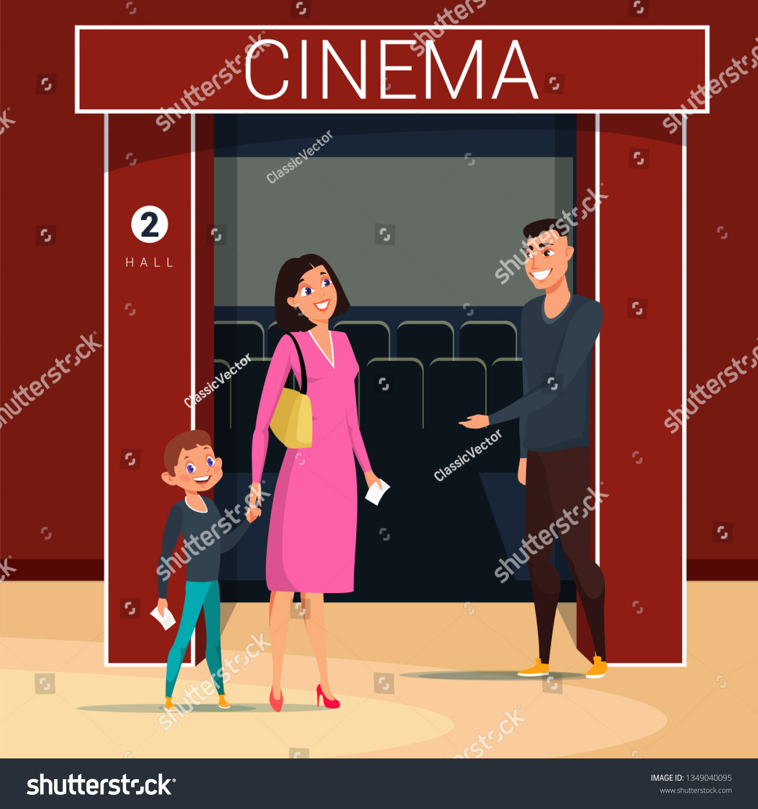 SVG of Woman with son going to cinema flat vector illustration. Worker cartoon character checking tickets. Seats, screen in empty cinema hall. Mother and son having fun after workday. Family watching film svg