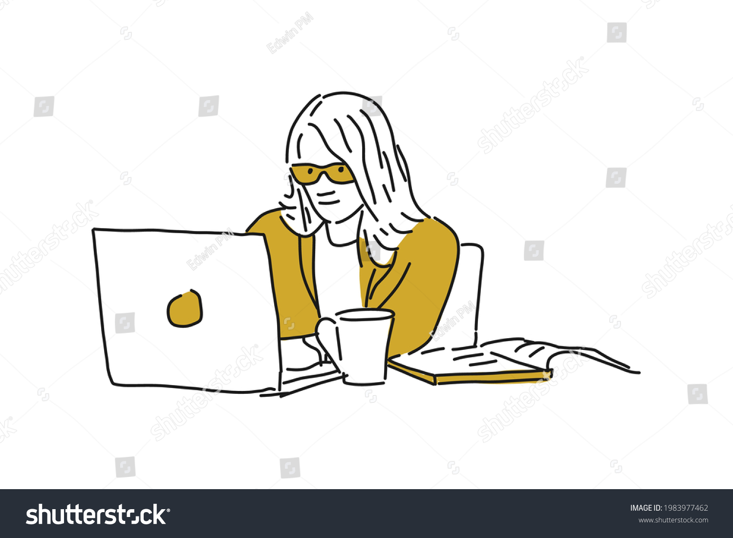 SVG of woman working on office with laptop Hand drawn minimalist vector Illustration  for presentation, website, mobile and print. svg