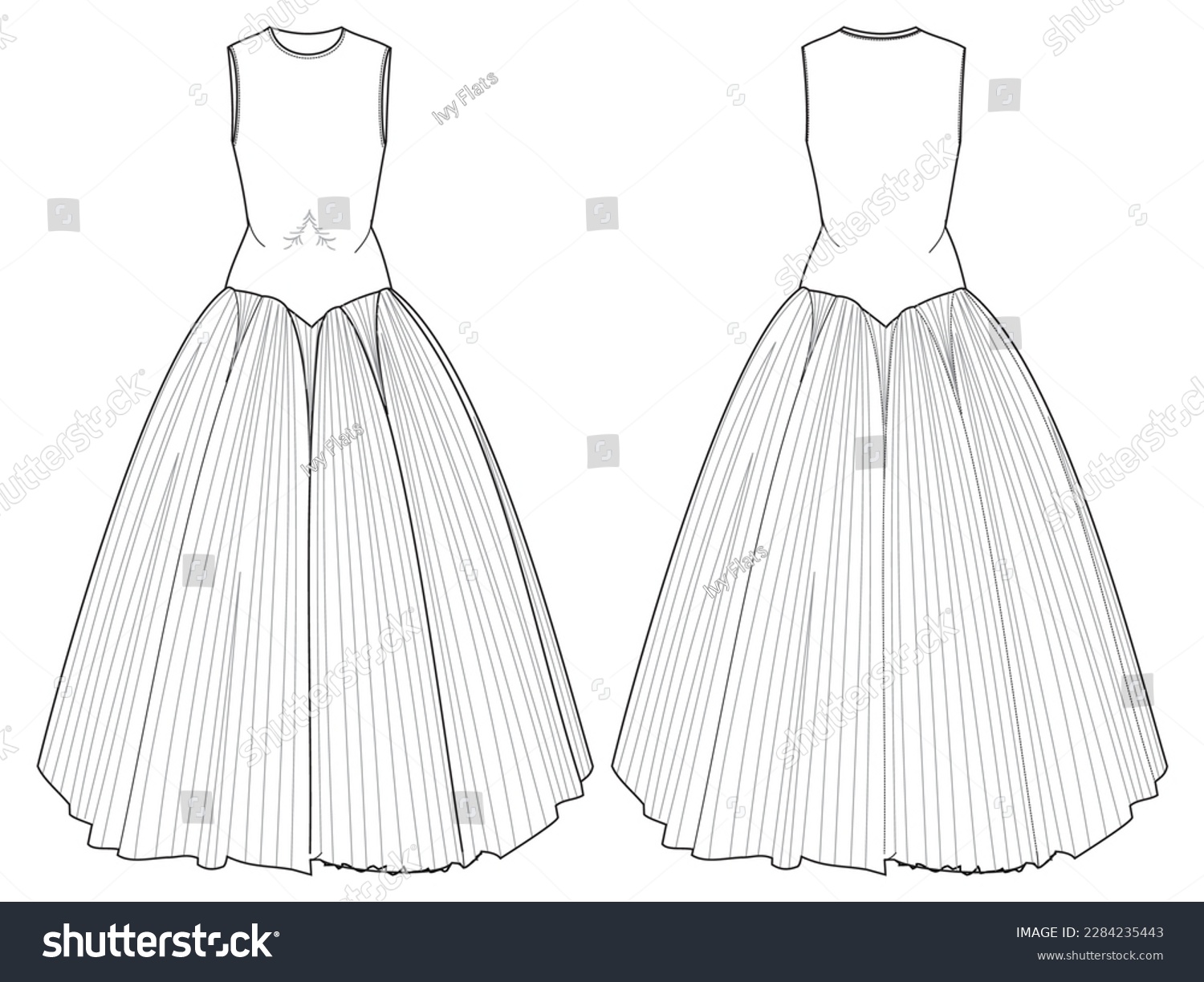 SVG of Women A line bridal dress design flat sketch fashion illustration with front and back view, Sleeveless Round neck bridal dress flat sketch cad drawing template. Flared pleated skirt wedding dress svg