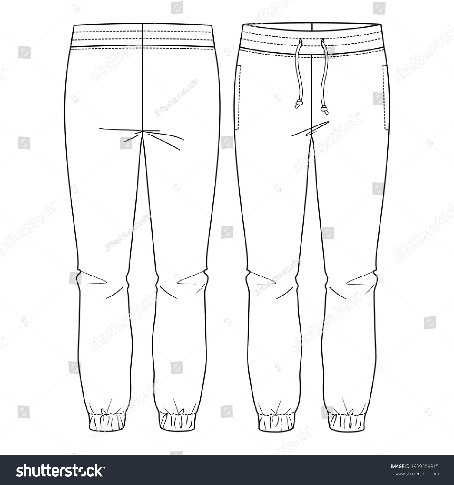 SVG of Women Basic Sweat, lounge Pants.  flat fashion sketch template. Technical Fashion Illustration. Front Drawcord. Slit Pockets svg