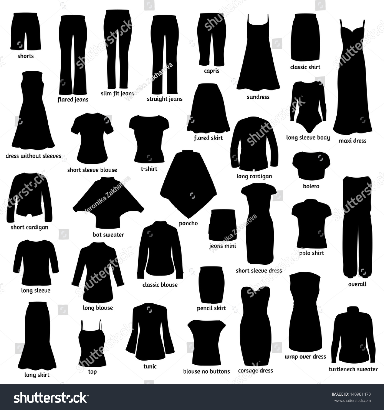Women Clothes Names Silhouettes Icons Clothing Stock Vector 440981470 ...