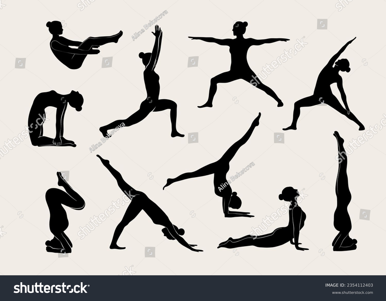 SVG of Women doing Yoga, Pilates set. Slim girl doing yoga. Hand drawn black silhouettes Vector illustration. Warrior pose, boat pose, downward facing dog pose. Health care and lifestyle concept. Female yoga svg