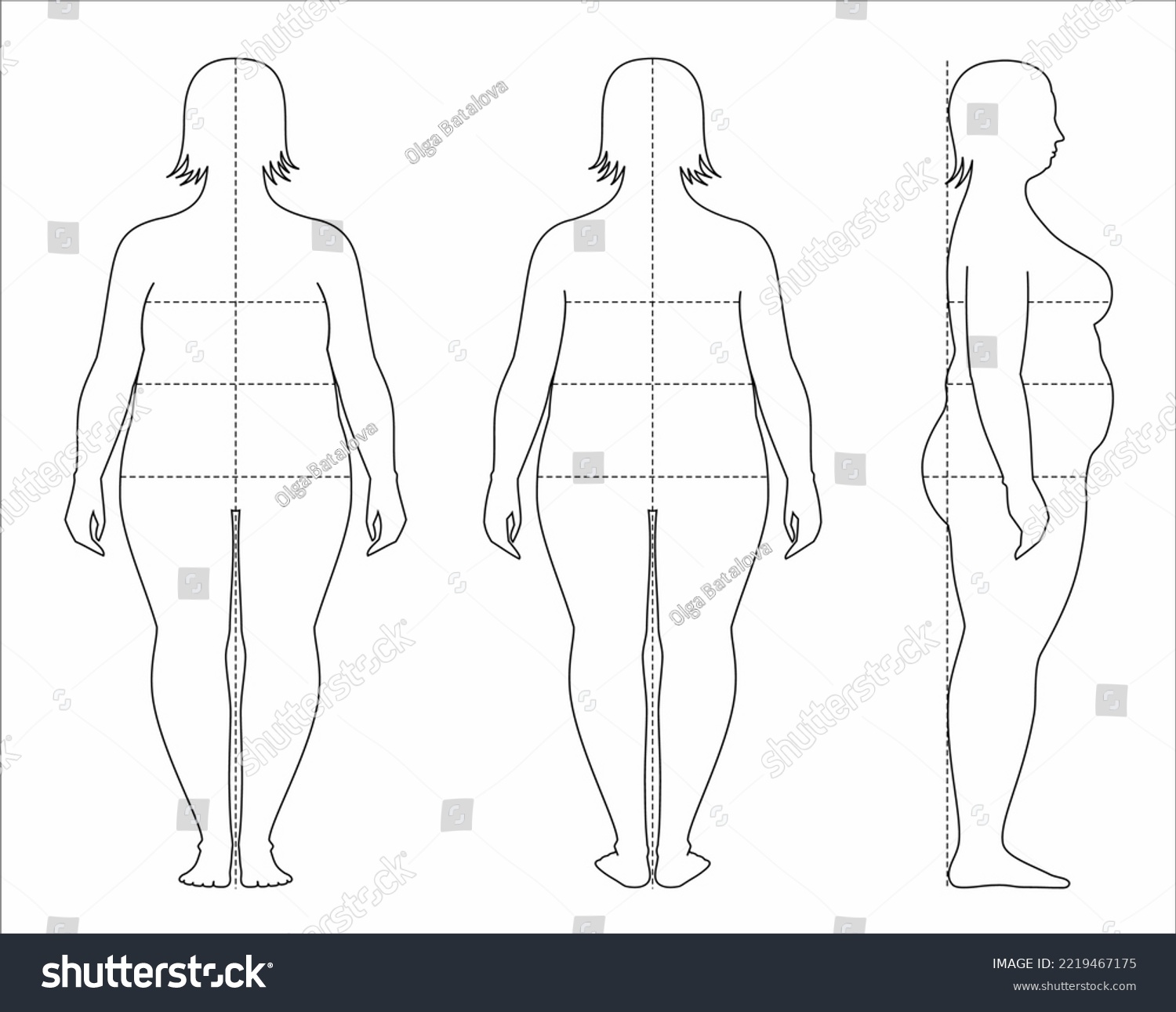 SVG of Women figure increased fat deposition. Female overweight body proportions sewing clothing. Bust waist hips line. Front back side. Vector illustration. svg