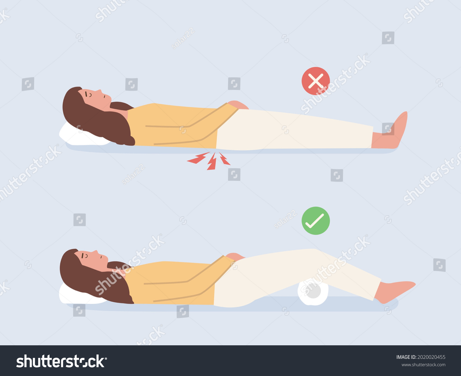 SVG of Women put another pillow under the back of her knees while lying down for sleep. People show a correct sleep on back posture. svg
