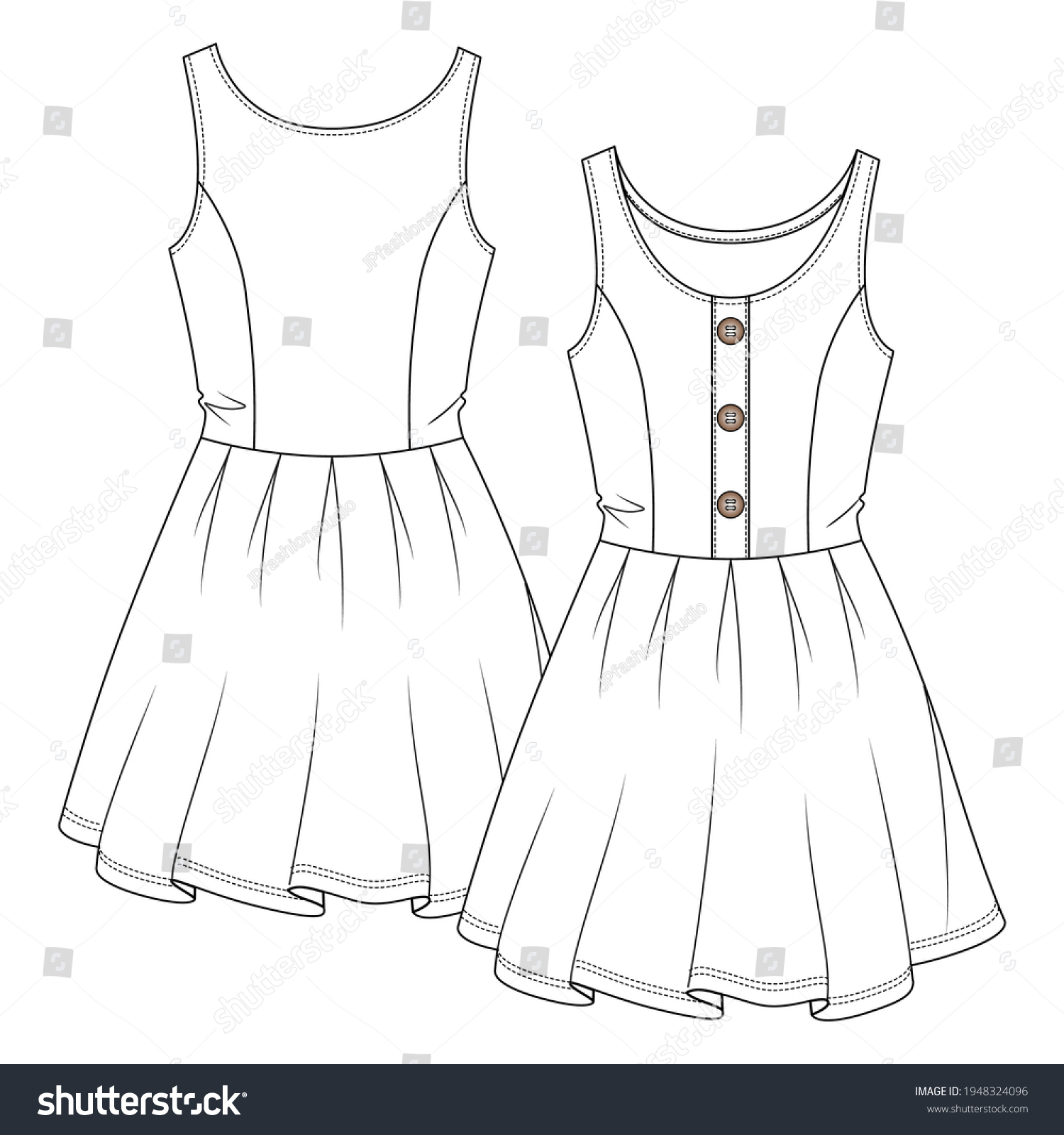 Women Short Dress Flat Sketch Fashion Stock Vector (Royalty Free ...