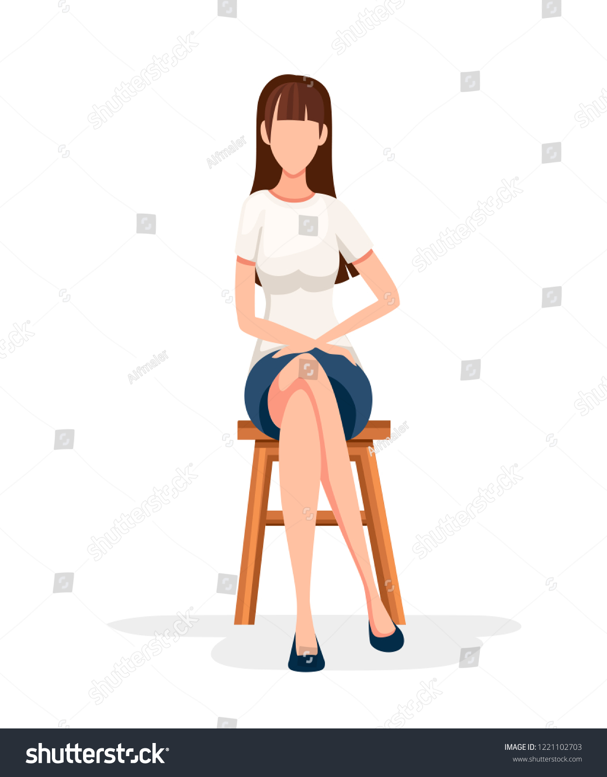 女は木の椅子に座る 顔文字のデザインがありません 女の子は股を組んで正装して座る 白い背景に平らなベクターイラスト のベクター画像素材 ロイヤリティフリー